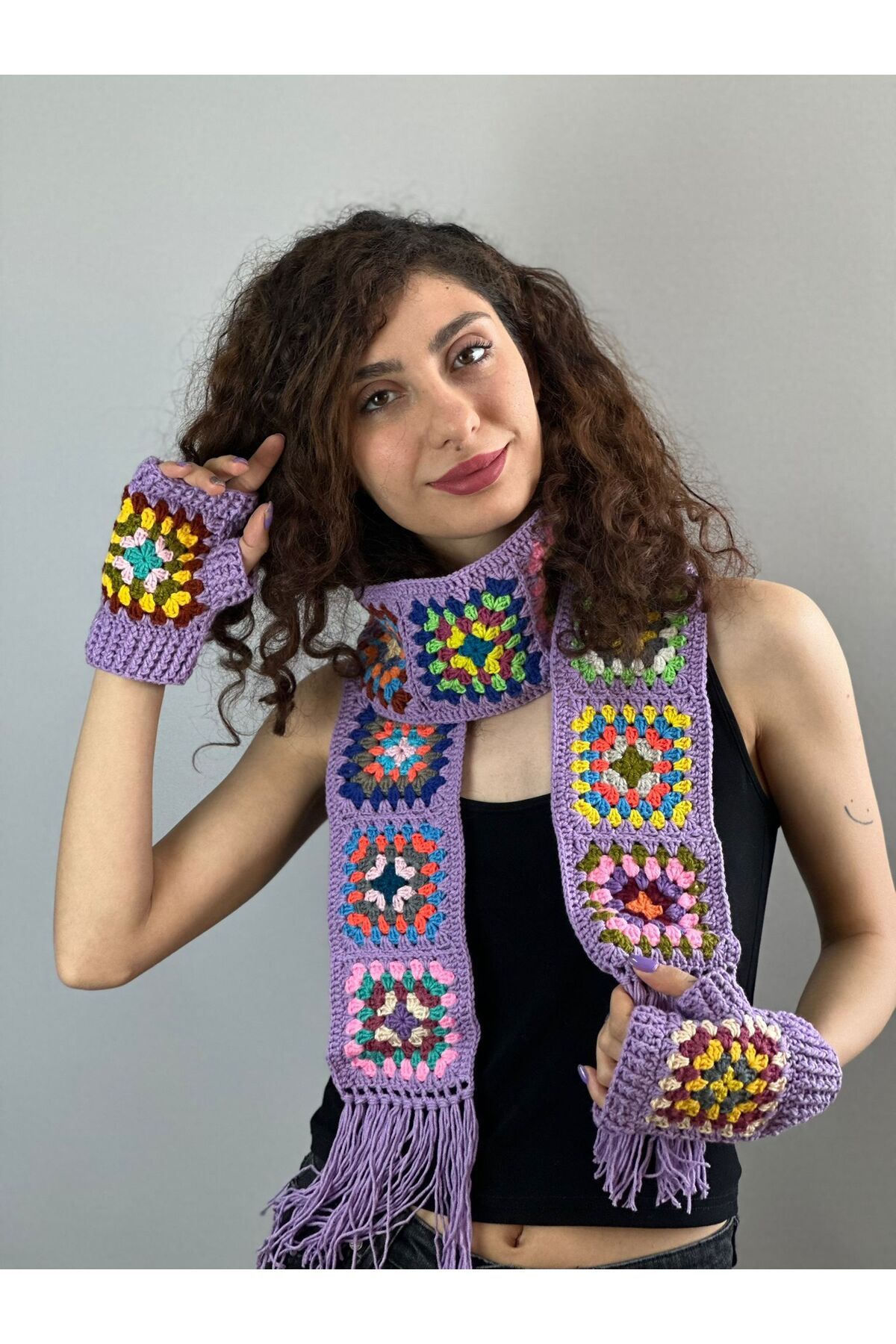 Gönülden Tasarım EL ÖRGÜSÜ ETNİK MOTİF DESENLİ ATKI ELDİVEN SET ATKI 180 CM