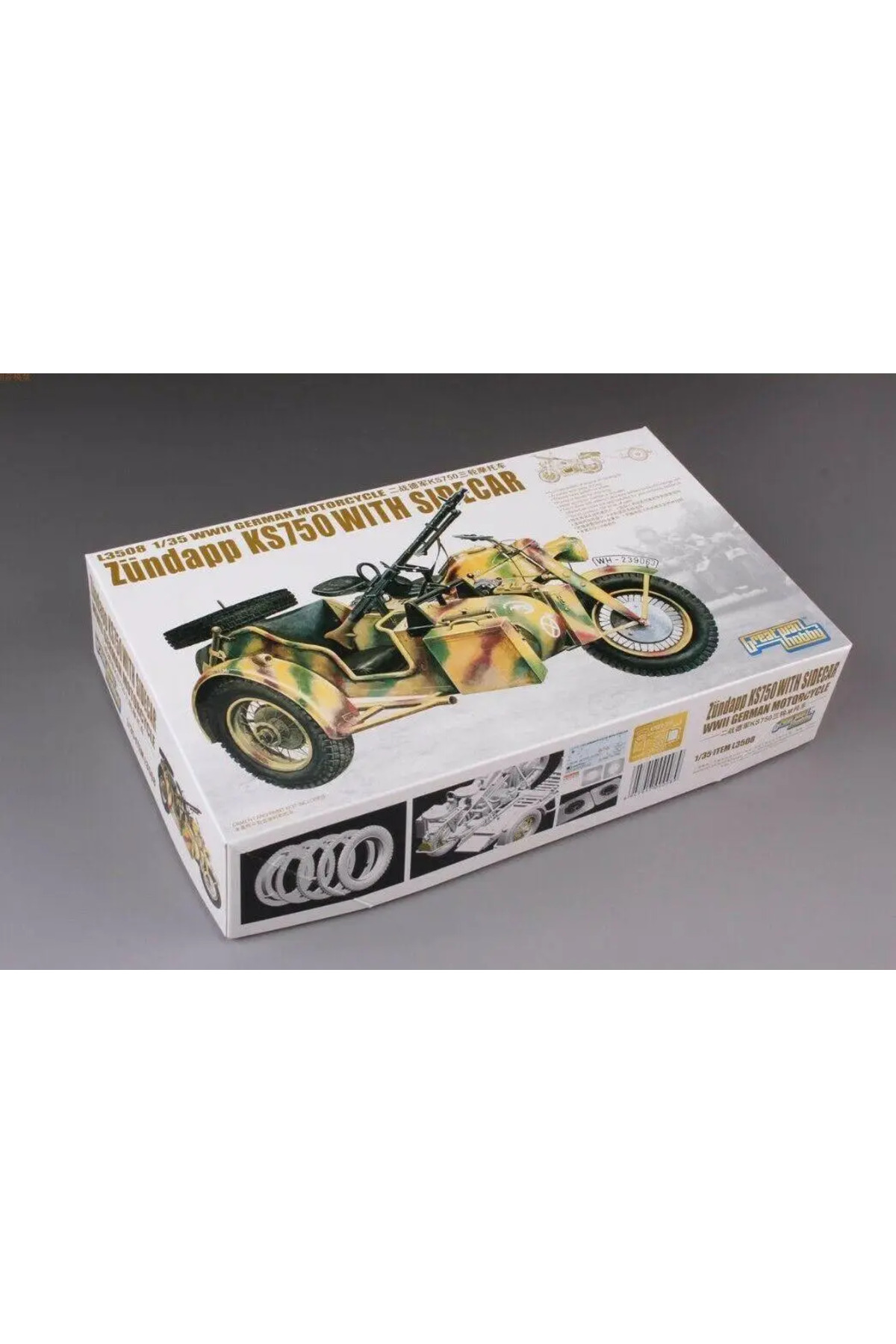 مجموعه مدل پلاستیکی موتورسیکلت آلمانی زونداپ KS750 جنگ جهانی دوم در مقیاس ۱/۳۵، گریت وال هابی L3508 به همراه سبدسایید