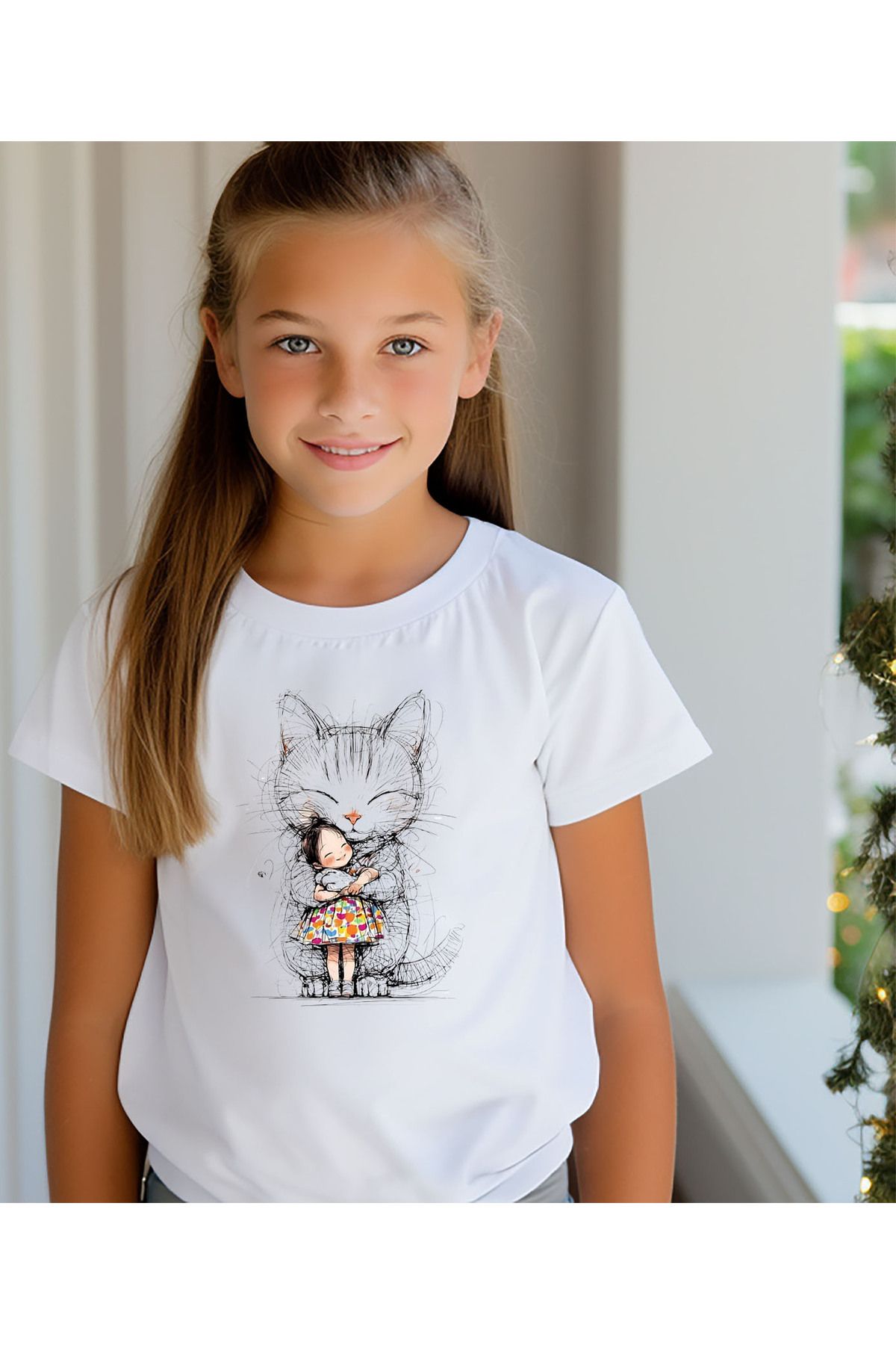 ASELİNDA Kedi ve Kız Baskılı Beyaz Bisiklet Yaka Unisex tişört