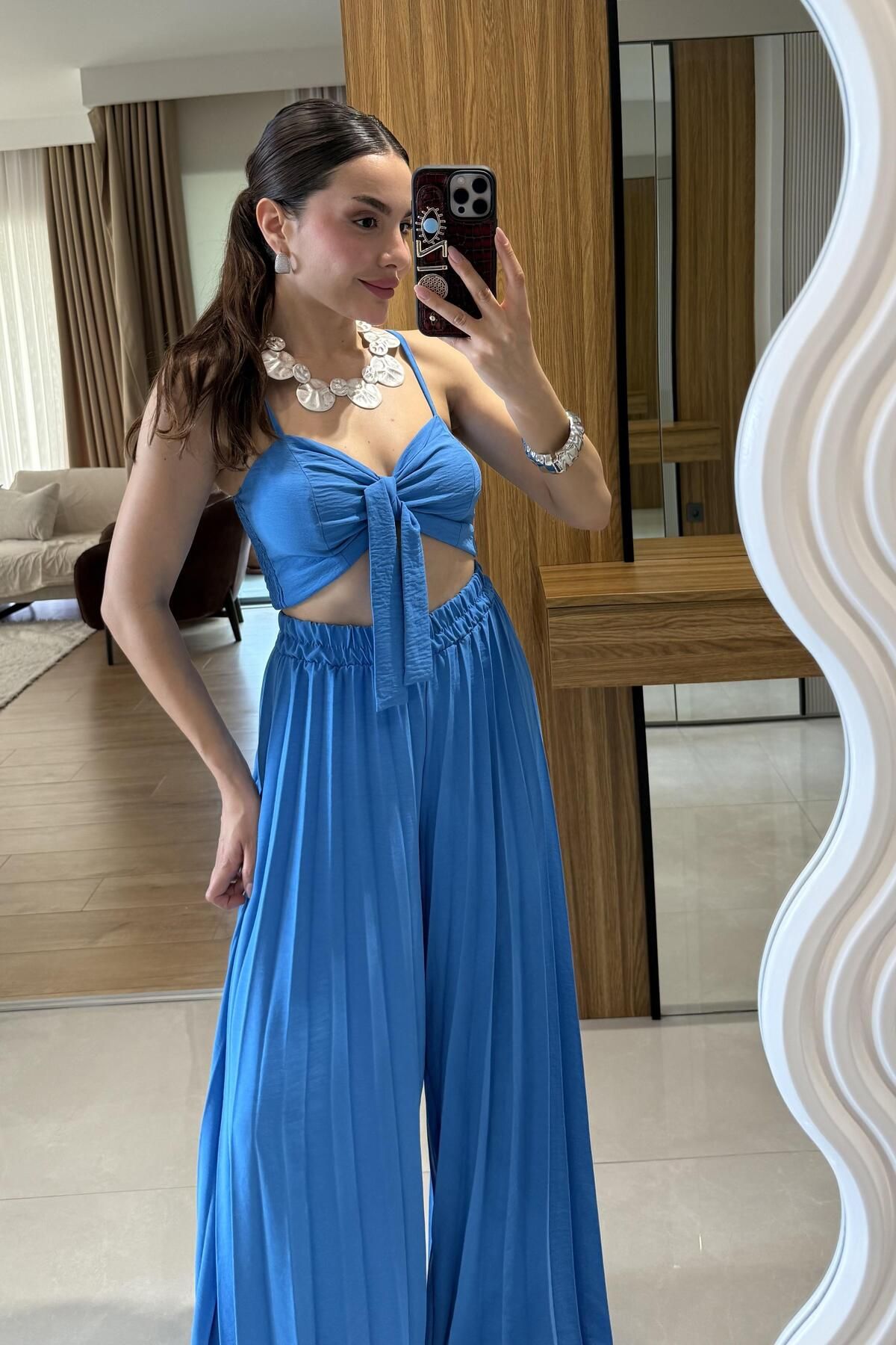 Gizem Ecemiş Agnes Mavi Crop Pantolon Takım
