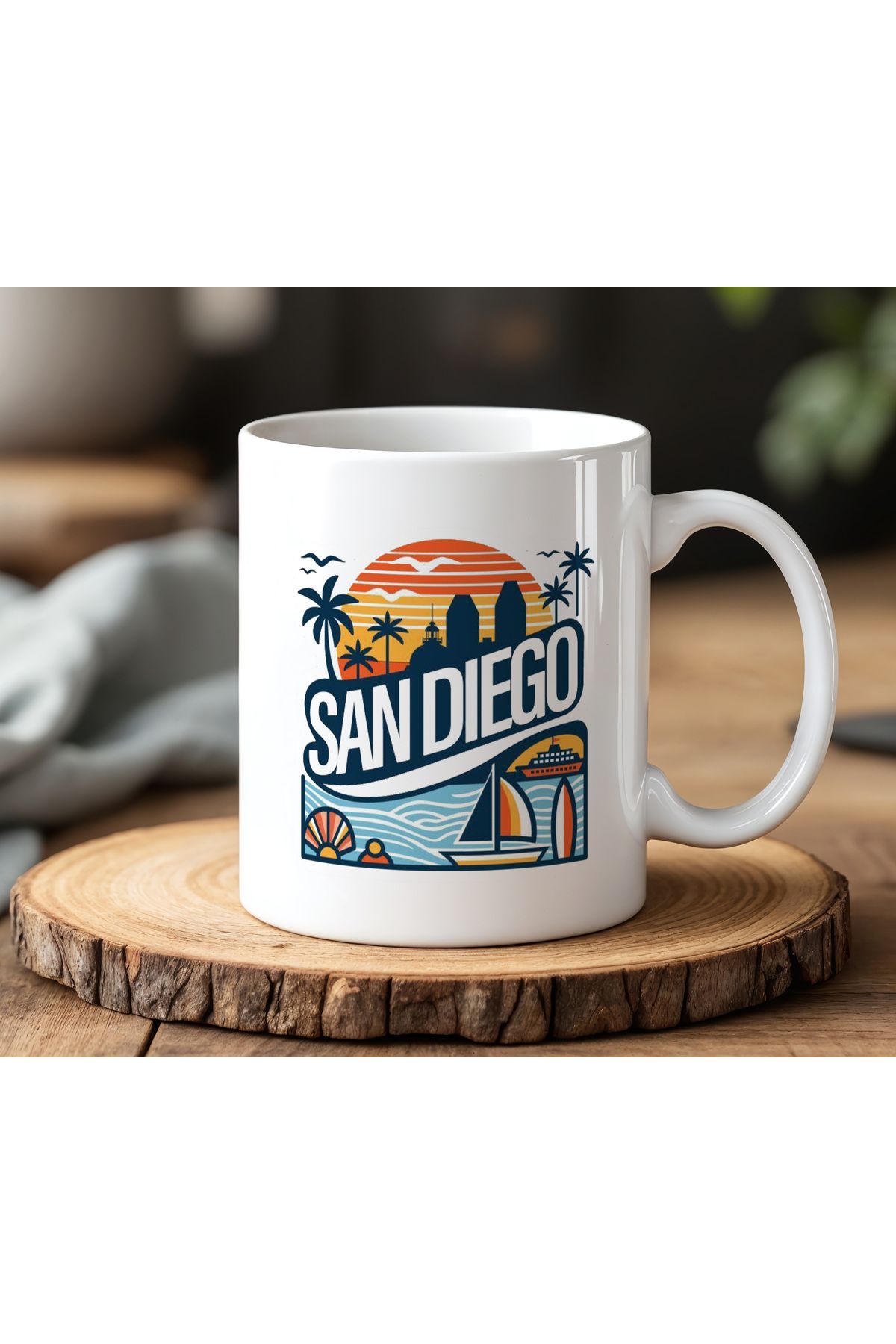 BB TRADE San Diego Tasarımlı Beyaz Seramik Baskılı Kupa Bardak 330ml