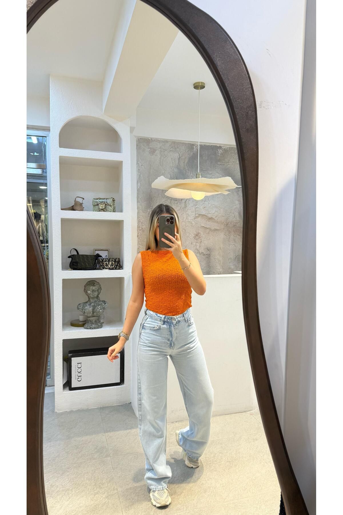 SEVİNÇ GÜNGÖR KAYIK YAKA DANTEL TOP TURUNCU