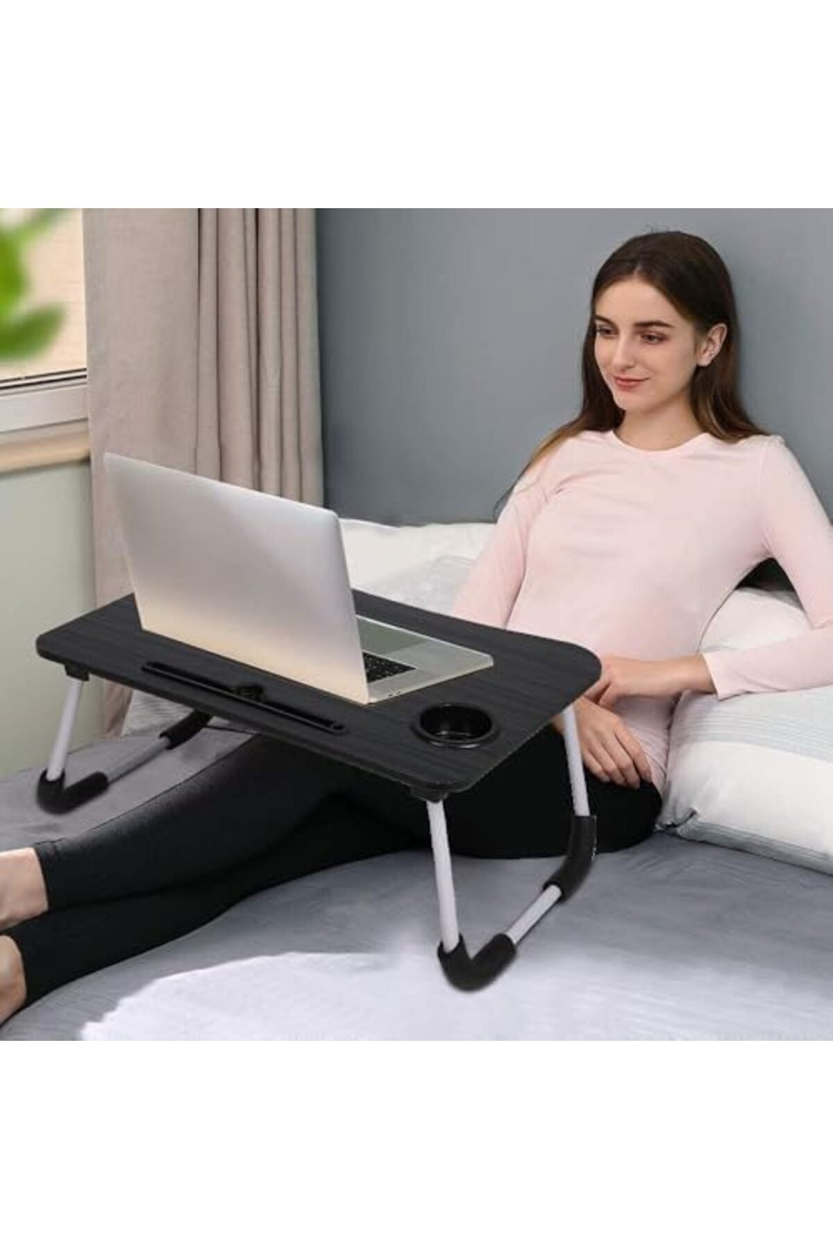 طاولة لابتوب للسرير محمولة قابلة للطي مع حامل أكواب للعمل وتناول الطعام والكتابة، لون اسود