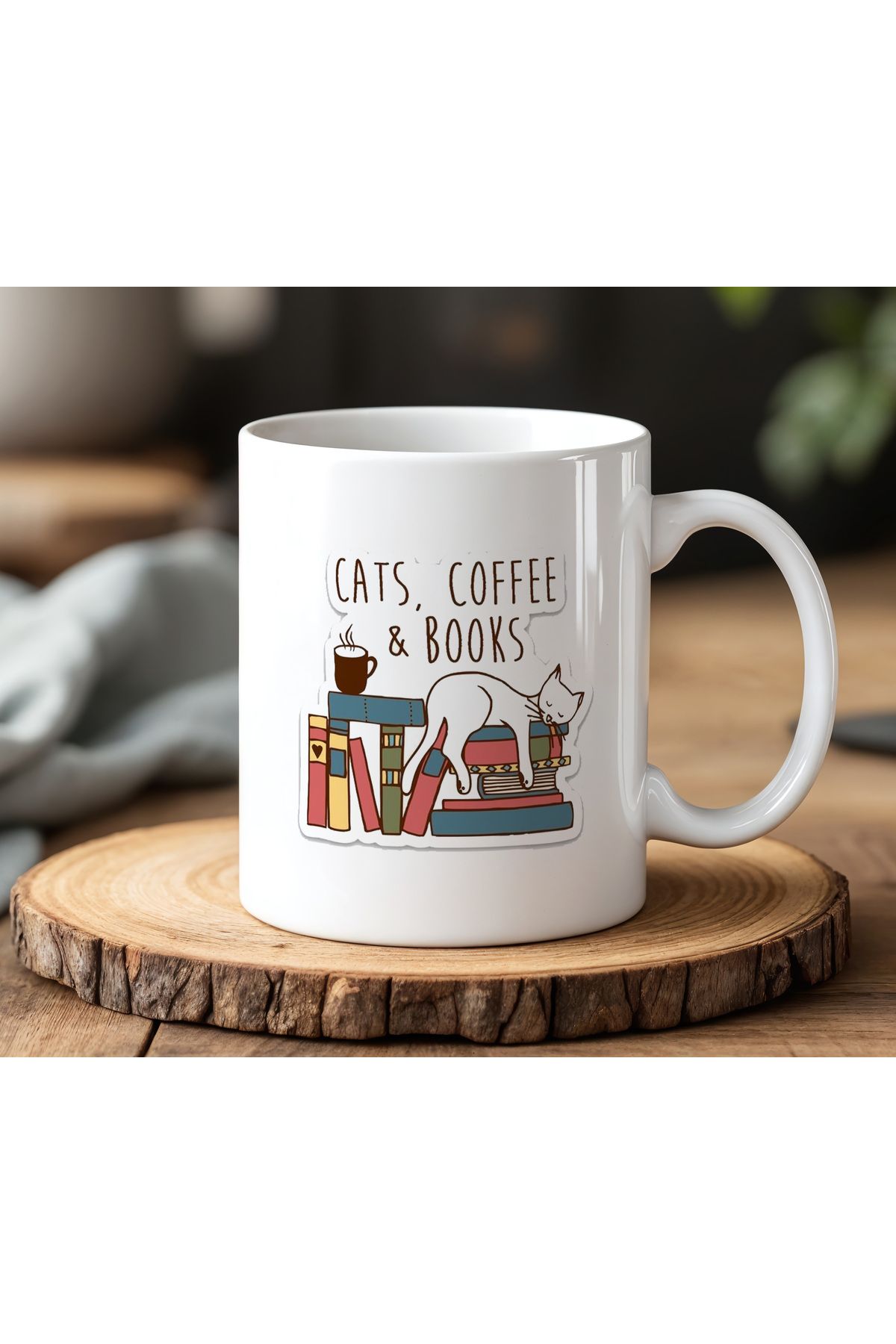 BB TRADE Cats Books Coffee Tasarımlı Beyaz Seramik Baskılı Kupa Bardak 330ml