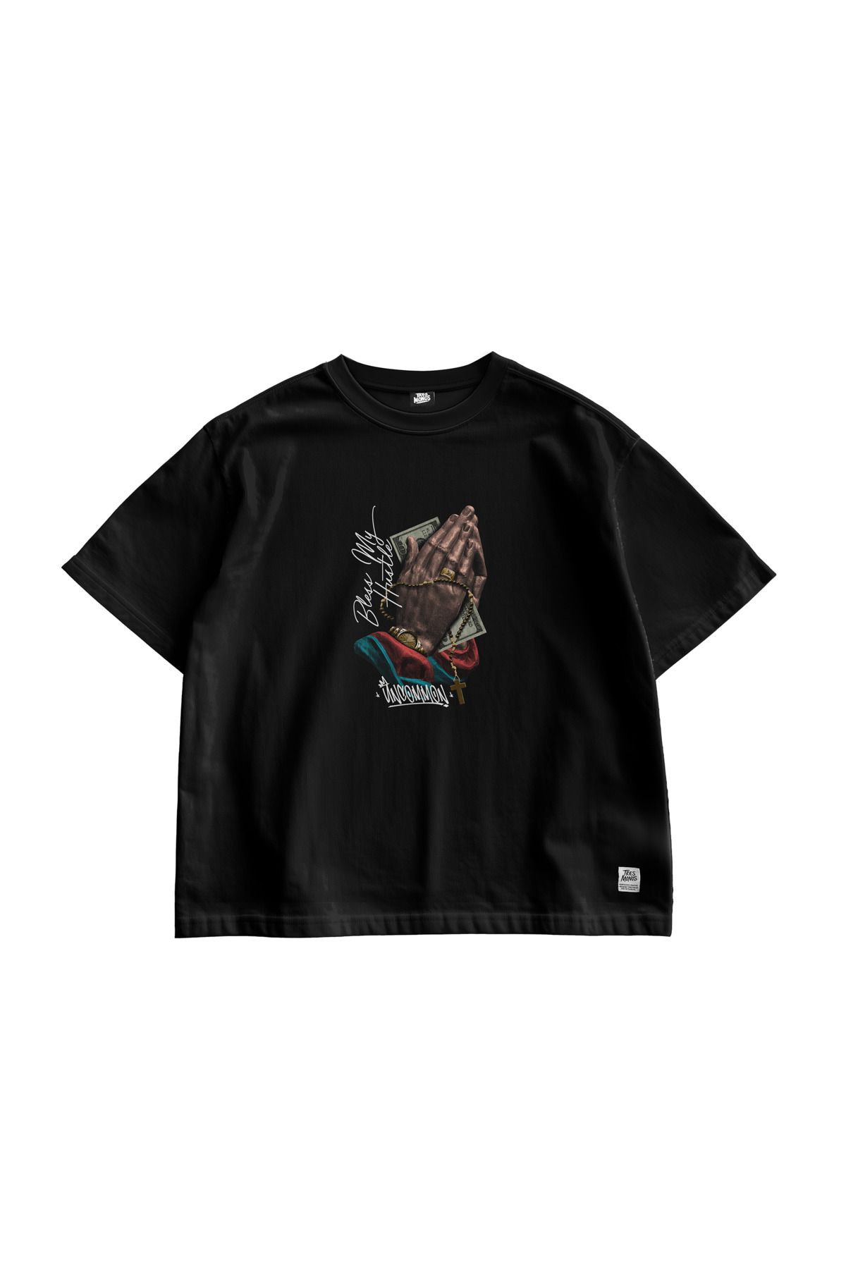 TresMonos Bless My Hustle Baskılı Oversize Kısa Kesim Pamuklu Unisex Siyah Tişört