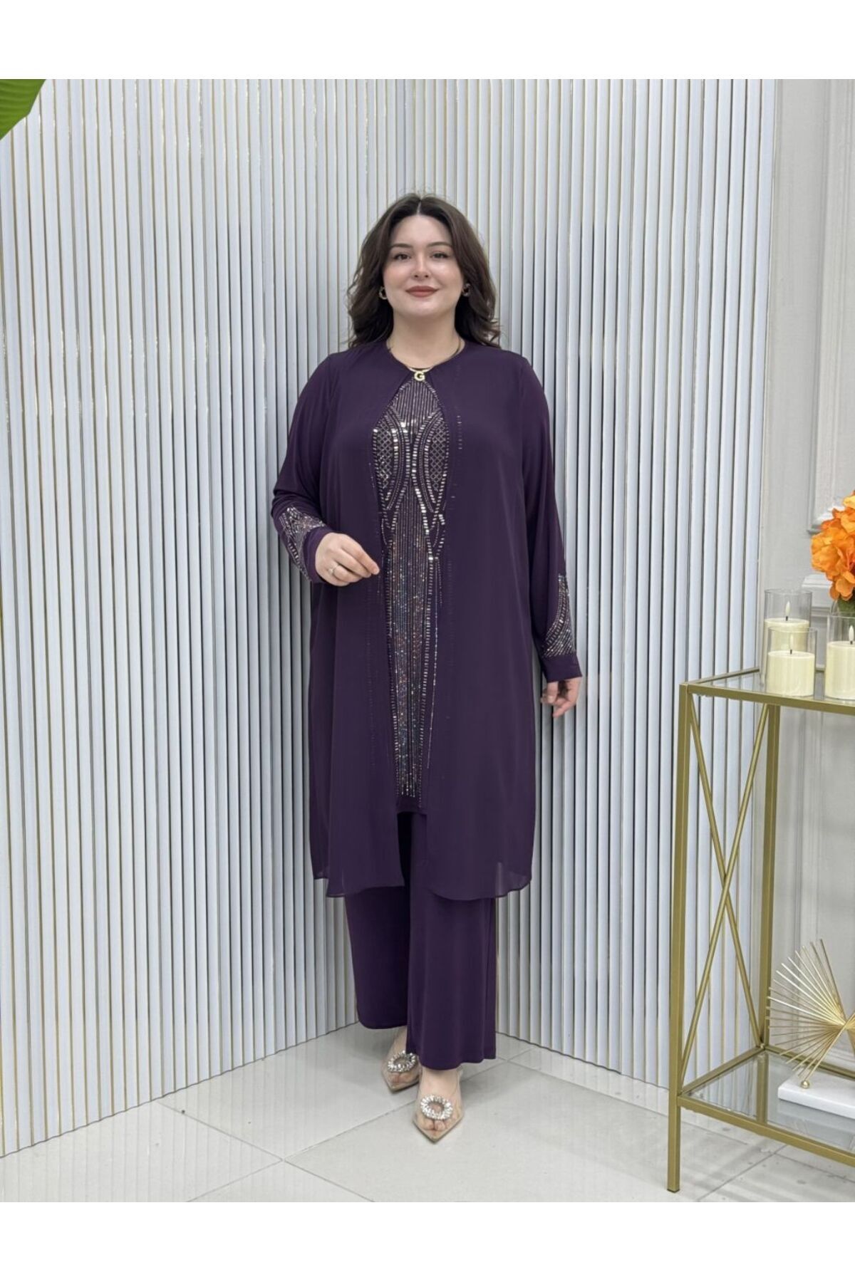 GK Pres Taşlı Büyük Beden Tunik Takım