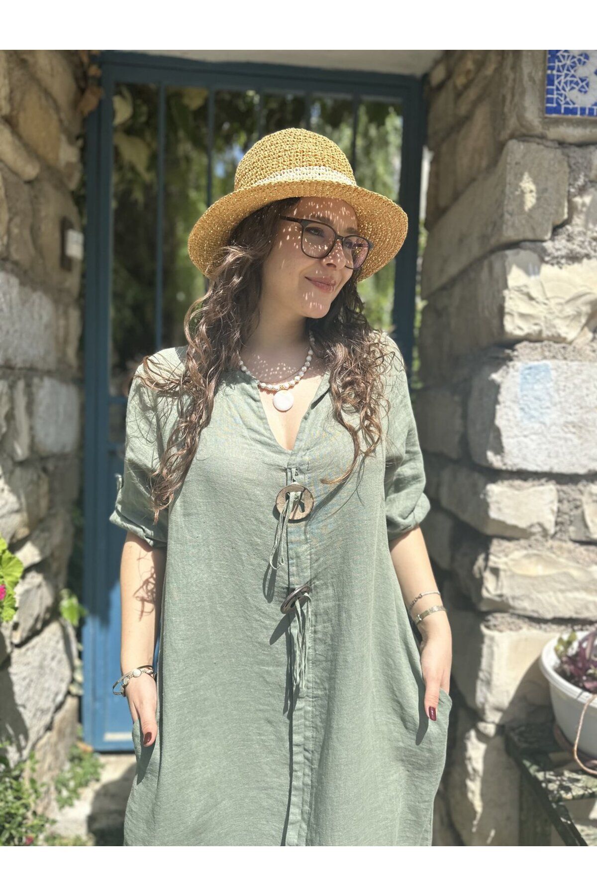 HATİCE CİVELEK Düğme Detaylı Kısa Kol Keten Elbise
