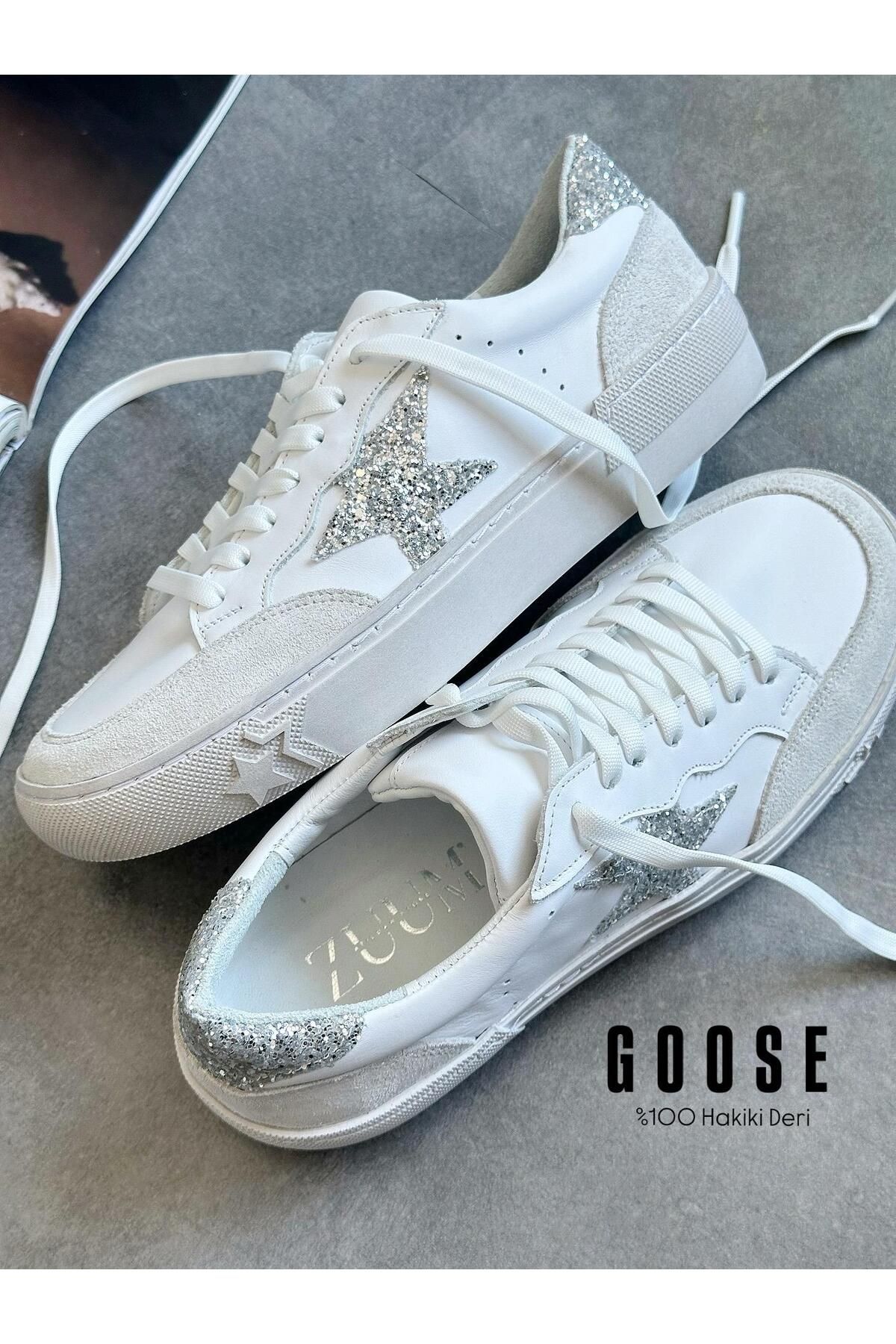 Zuum Goose % 100 Hakiki Deri Kadın Sneaker - Beyaz Deri & Gümüş