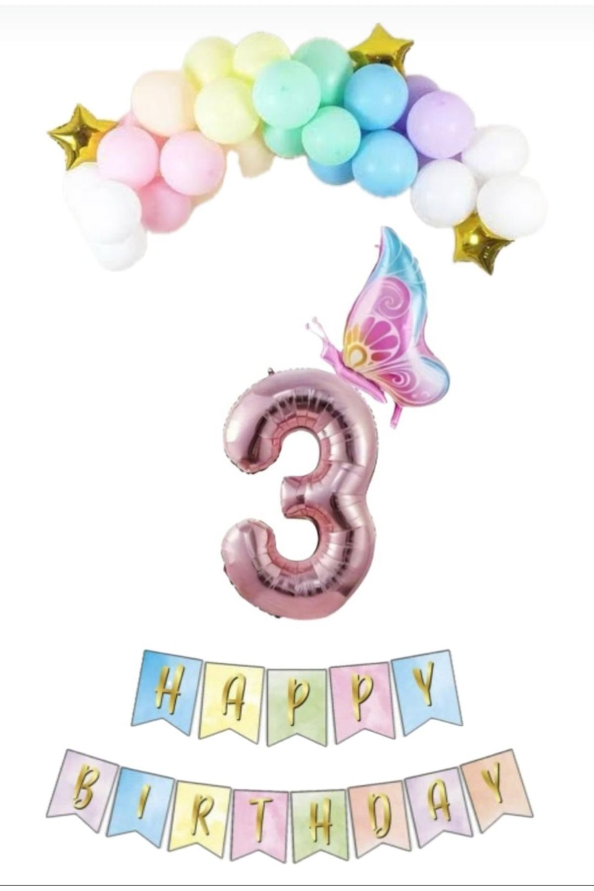 SİNDA Makaron Renklerde Doğum Günü Konsepti - Makoron Balon - Folyo Kelebek - Banner