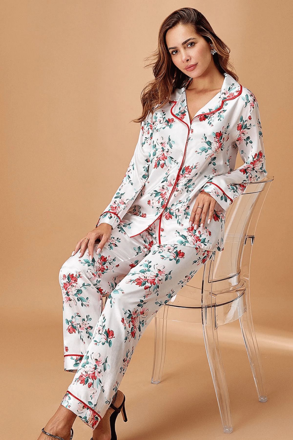 Mavelle Kadın Çiçek Desenli Saten Gömlek Uzun Kollu Pijama Takımı 5654