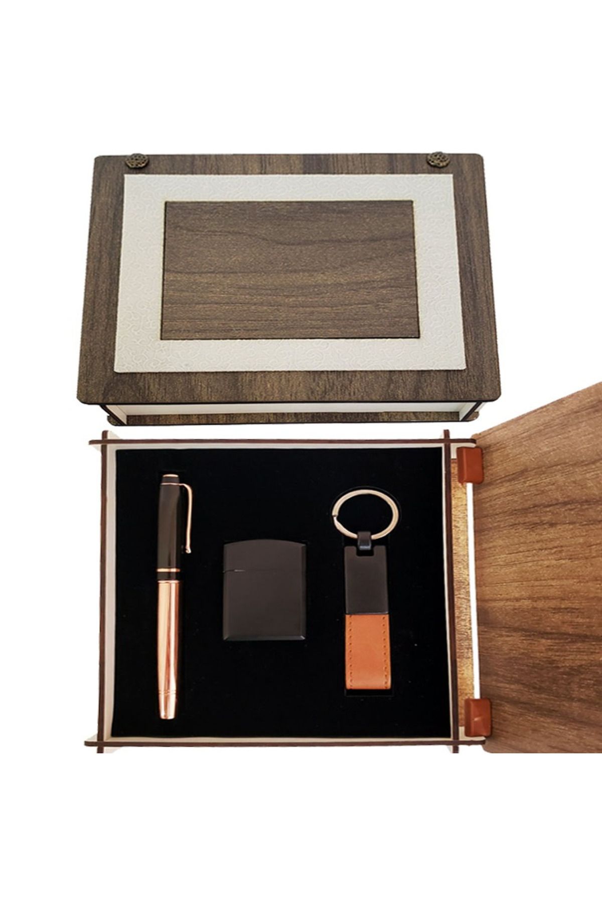 KfksStore Özel Ahşap Kutulu Bakır Roller Kalem, Anahtarlık ve Çakmak Set