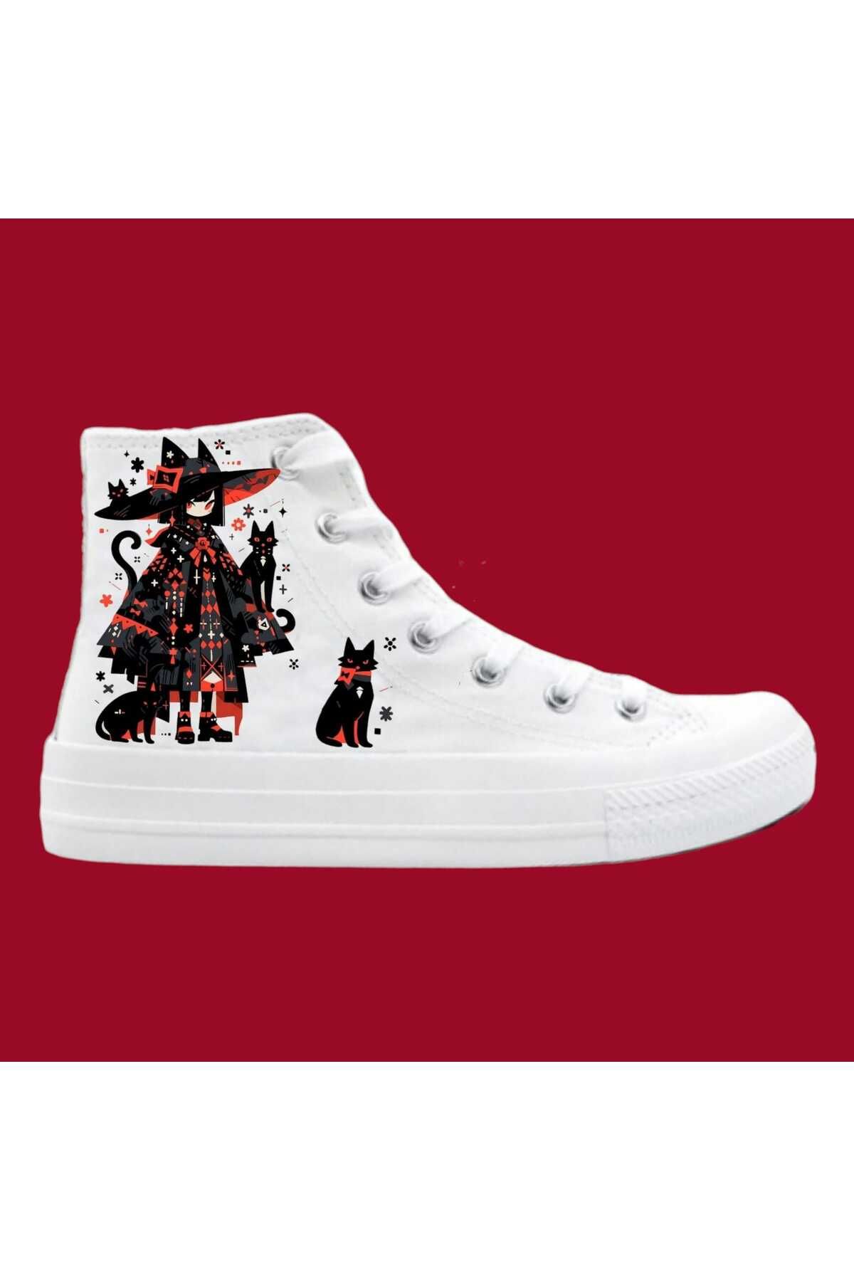 LİASSHOES siyah kedili kadın baskılı keten bağcıklı çocuk spor ayakkabı sneaker