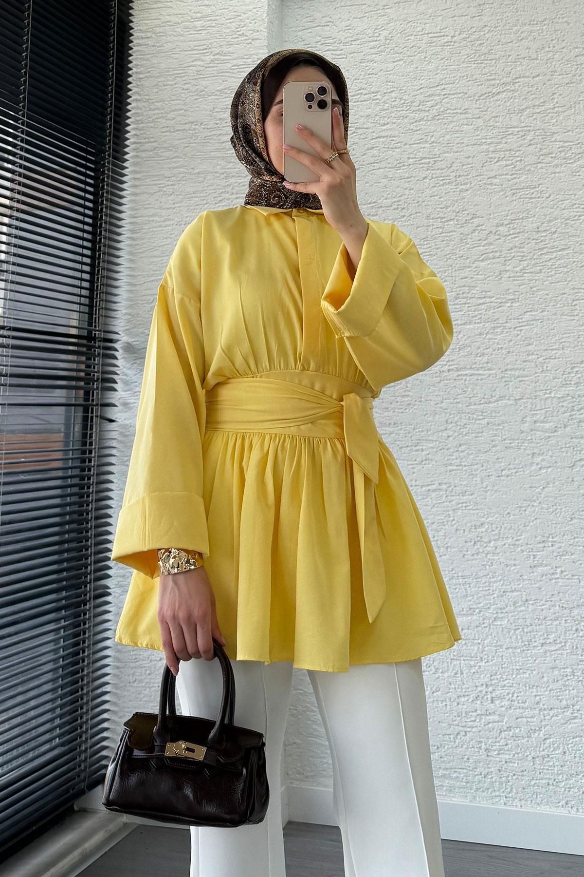 MELEK ARAZ Bel Kuşaklı Poplin Tunik-Sarı