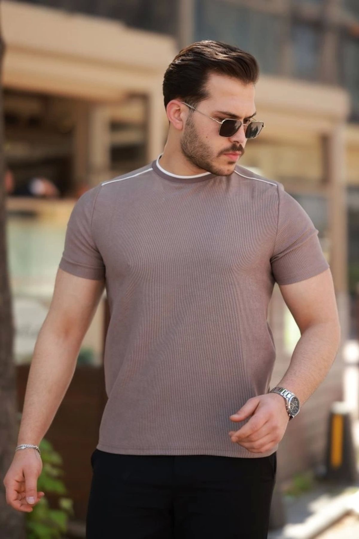 Kaplan Erkek Omuzlar çizgi Detaylı Kısa Kollu T-shirt