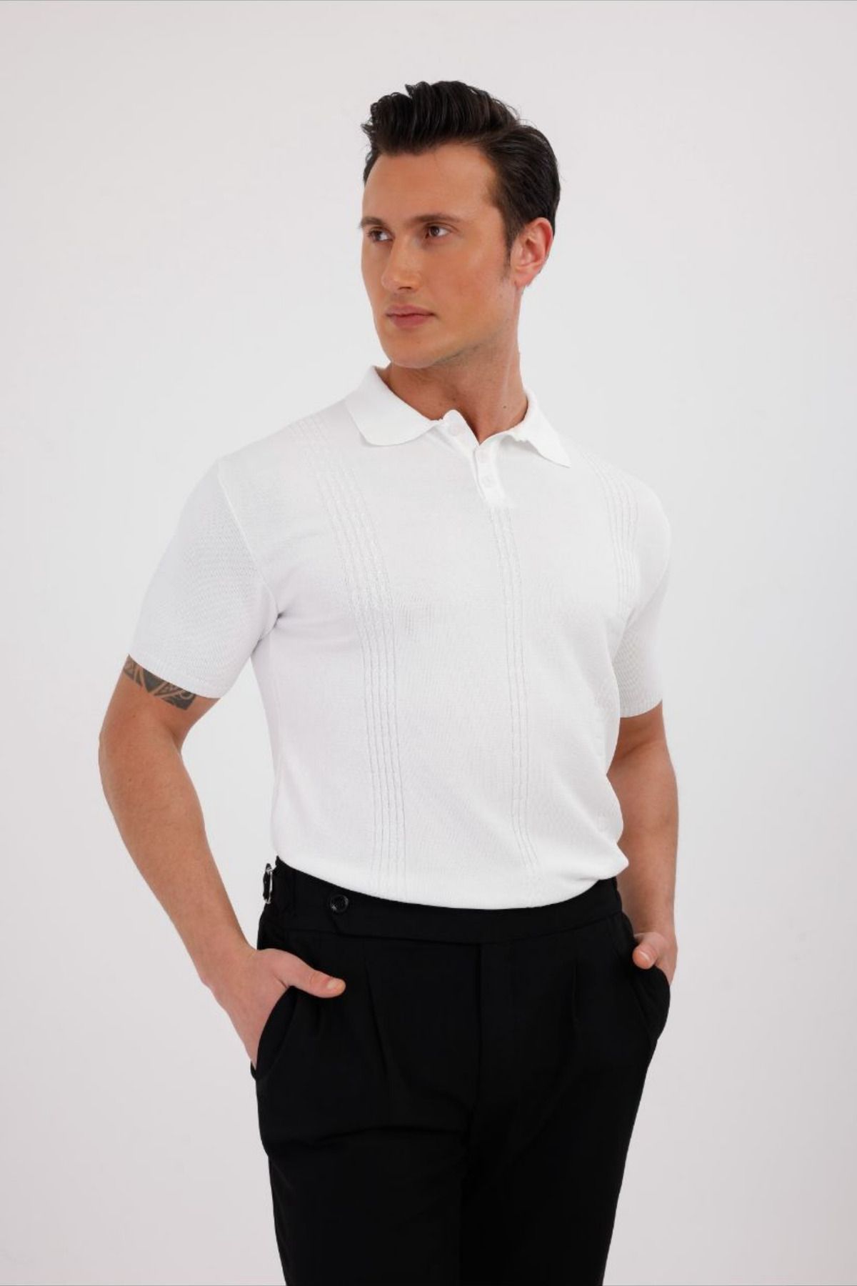 GAYIŞ Beyaz Erkek Çizgi Desenli Triko Örme Polo Yaka T-Shirt, Erkek BeyazTişört