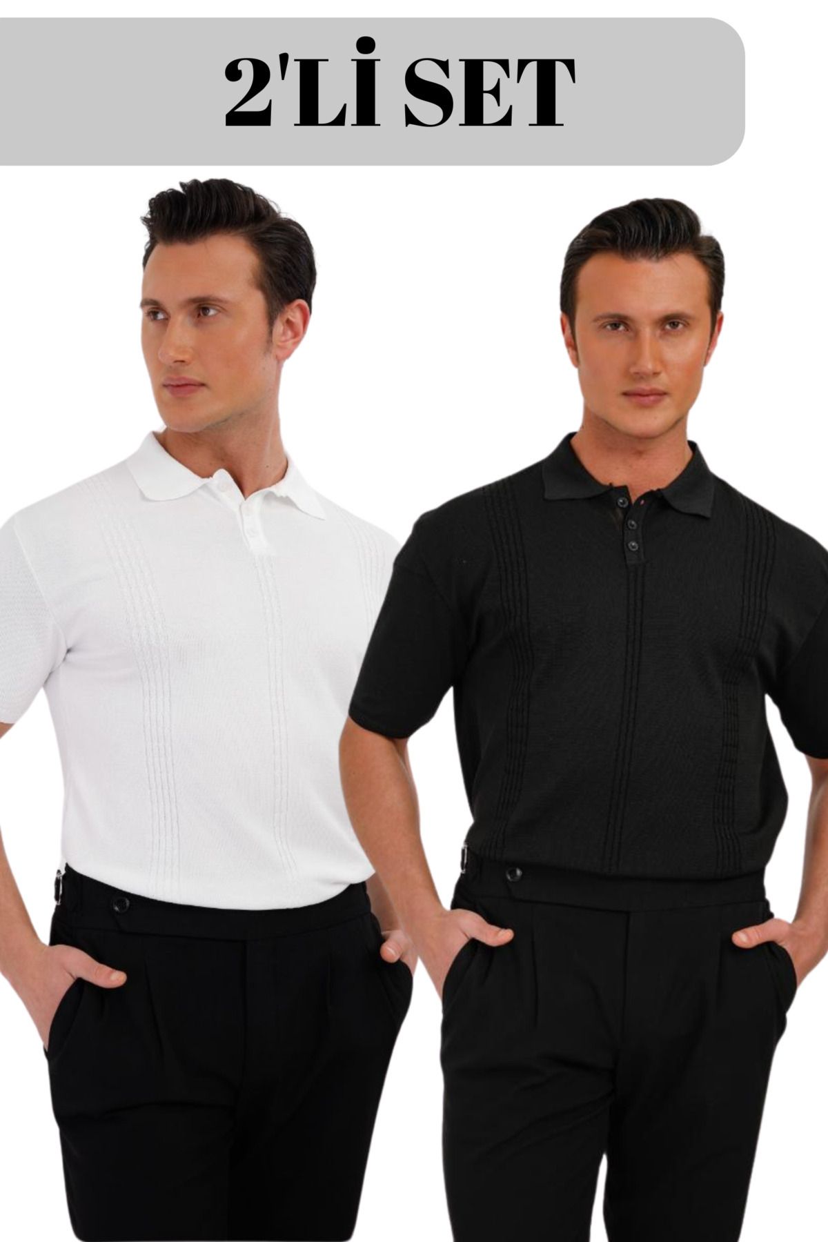 GAYIŞ 2'li Siyah-Beyaz Erkek Çizgi Desenli Triko Örme Polo Yaka T-Shirt, Erkek Beyaz Tişört