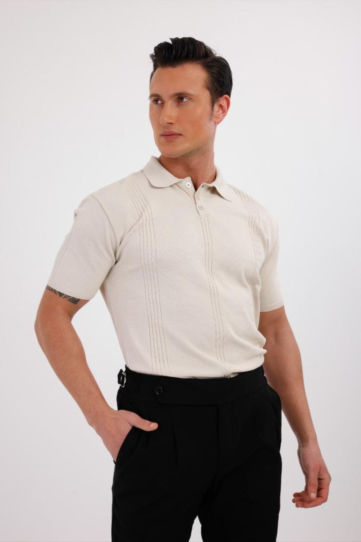 GAYIŞ Bej Erkek Çizgi Desenli Triko Örme Polo Yaka T-Shirt, Erkek Bej Tişört