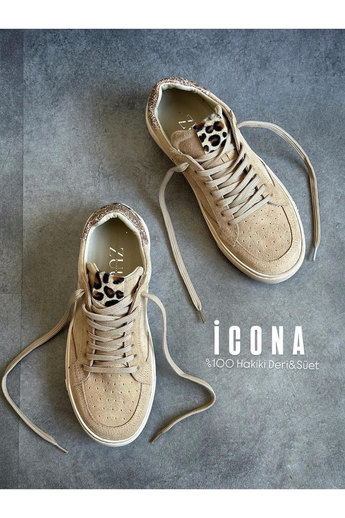 Zuum Icona % 100 Hakiki Süet Kadın Sneaker - Bej & Leopar