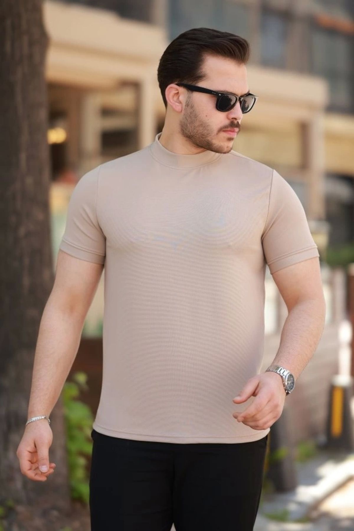 Kaplan Erkek Ince çizgi Dokulu Kısa Kollu T-shirt