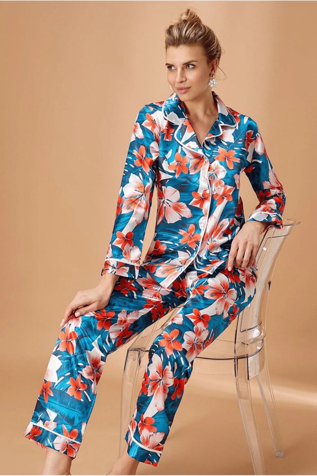 Mavelle Kadın Çiçek Desenli Saten Gömlek Uzun Kollu Pijama Takımı 5654