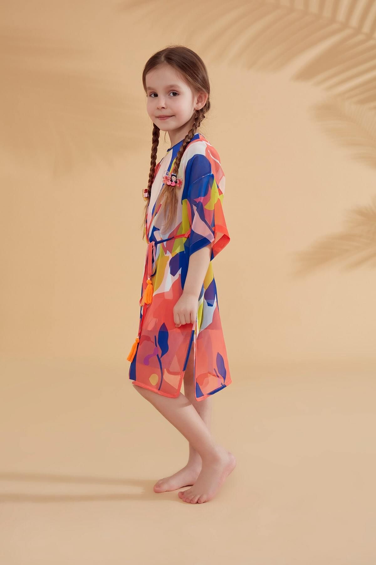 Marina-Children's Patterned Colorful Kimono Kaftan P2331 3