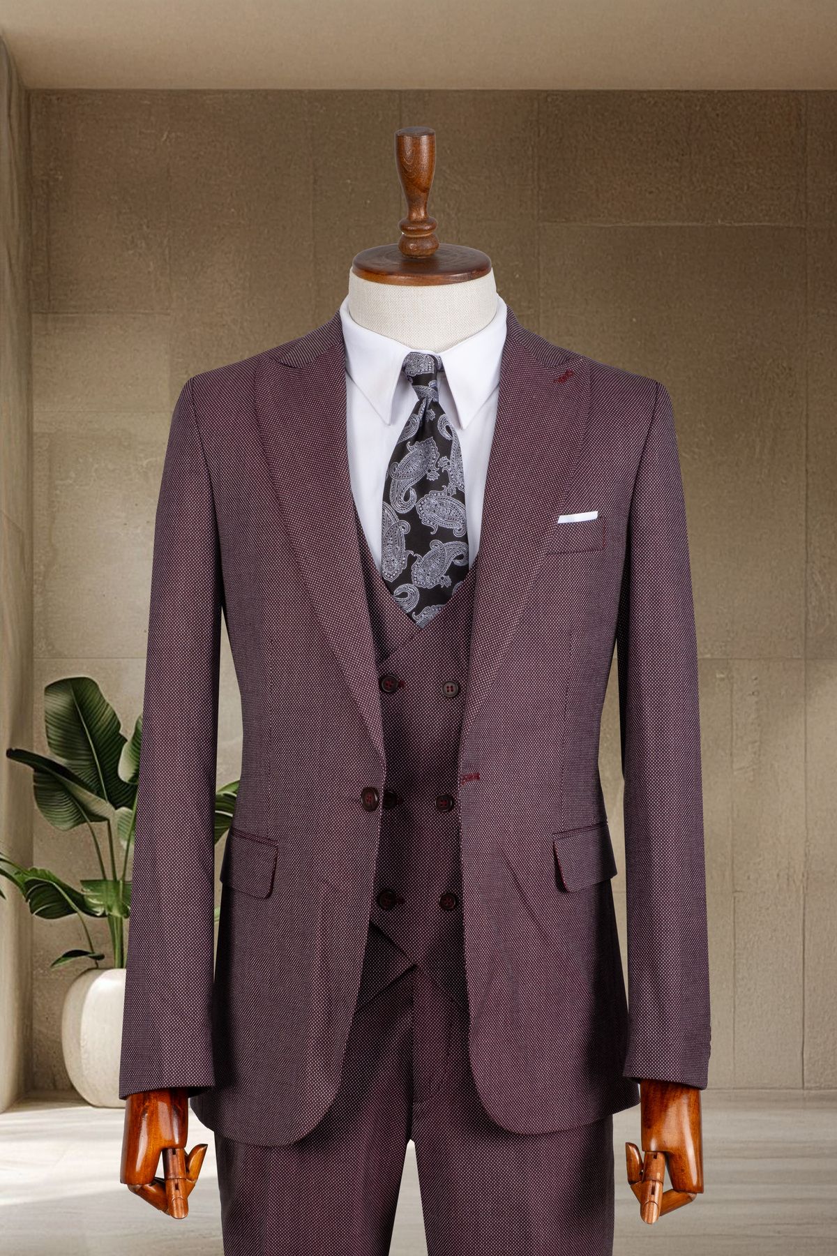 Sergio Ferraro Bordo Slim Fit İtalyan Stil Erkek Takım Elbise- Ceket Yelek Pantolon Takım