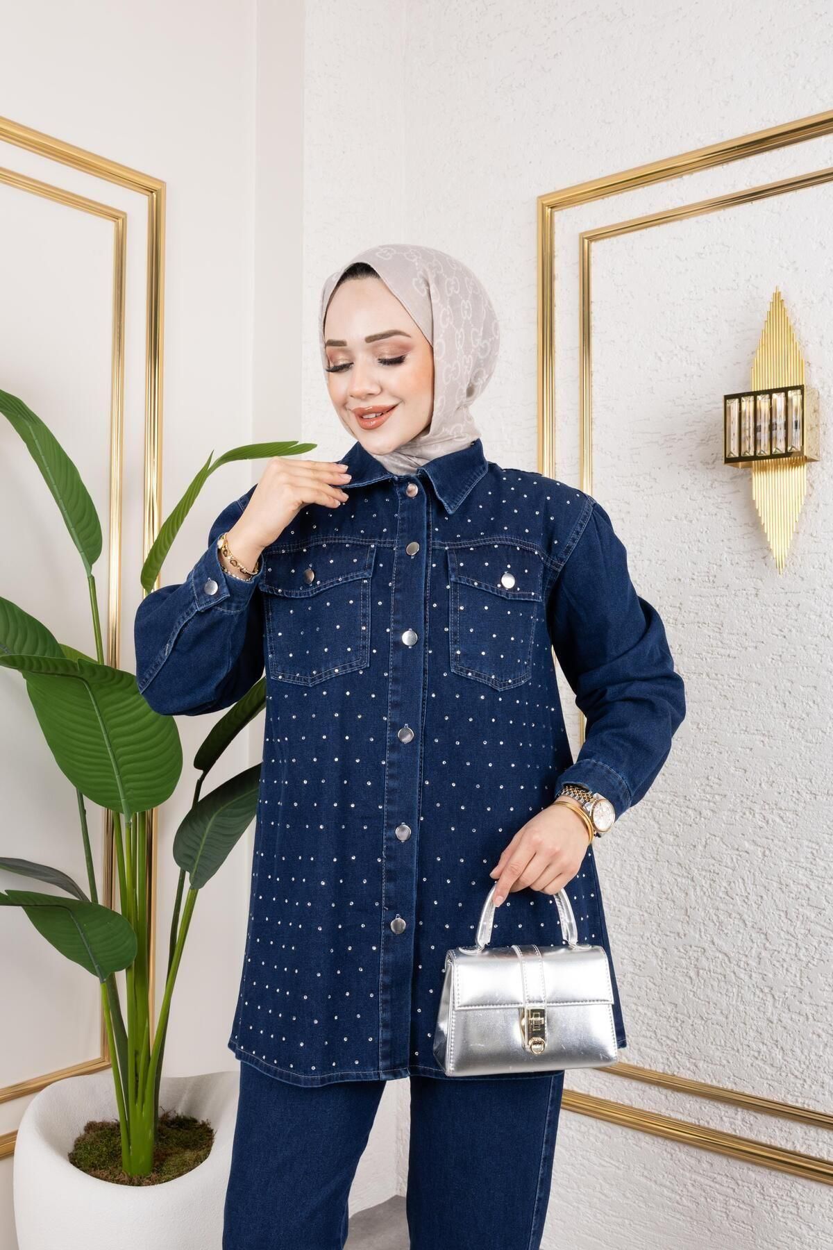 HARMAN BUTİK-Women's Pearl Stone Detail 2-Piece Denim Set 7