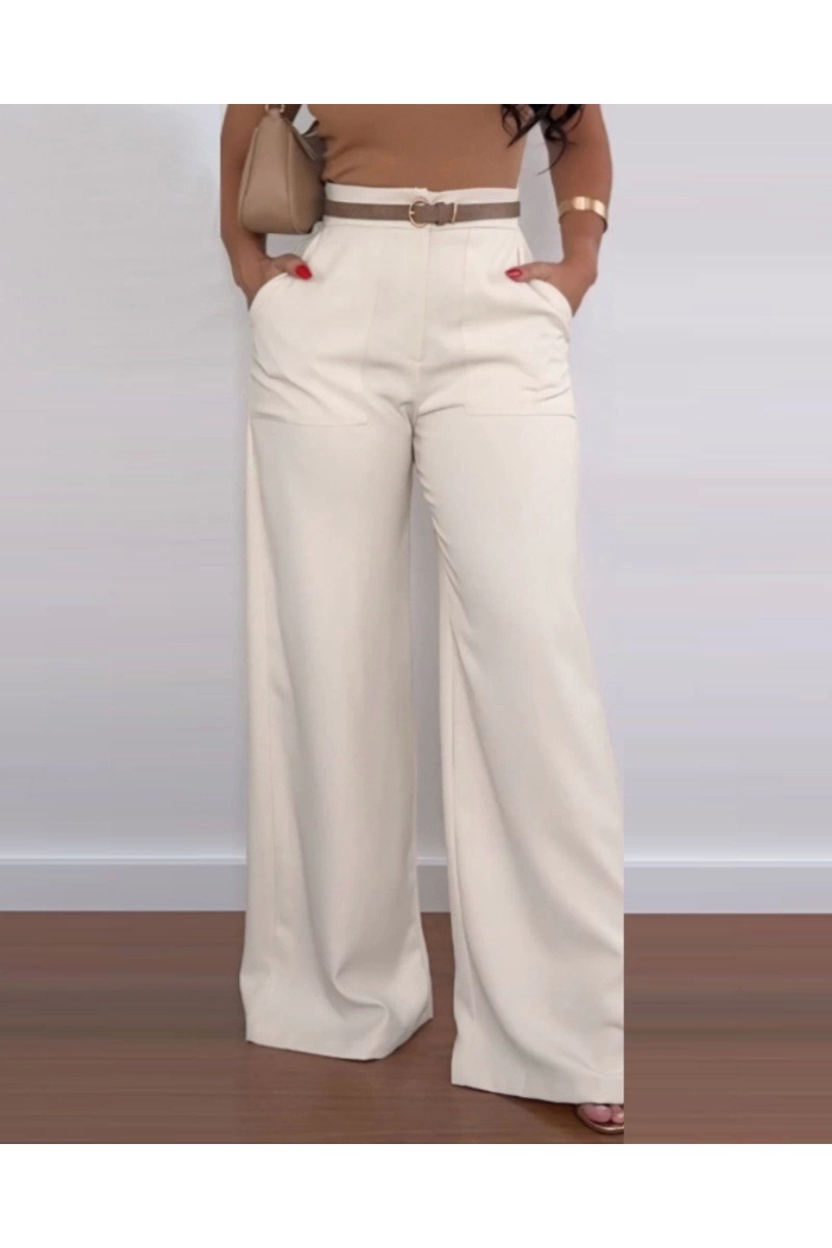 nedo7-Women's High Waist Wide Leg Detailed Imported Crepe Trousers with Pockets 3