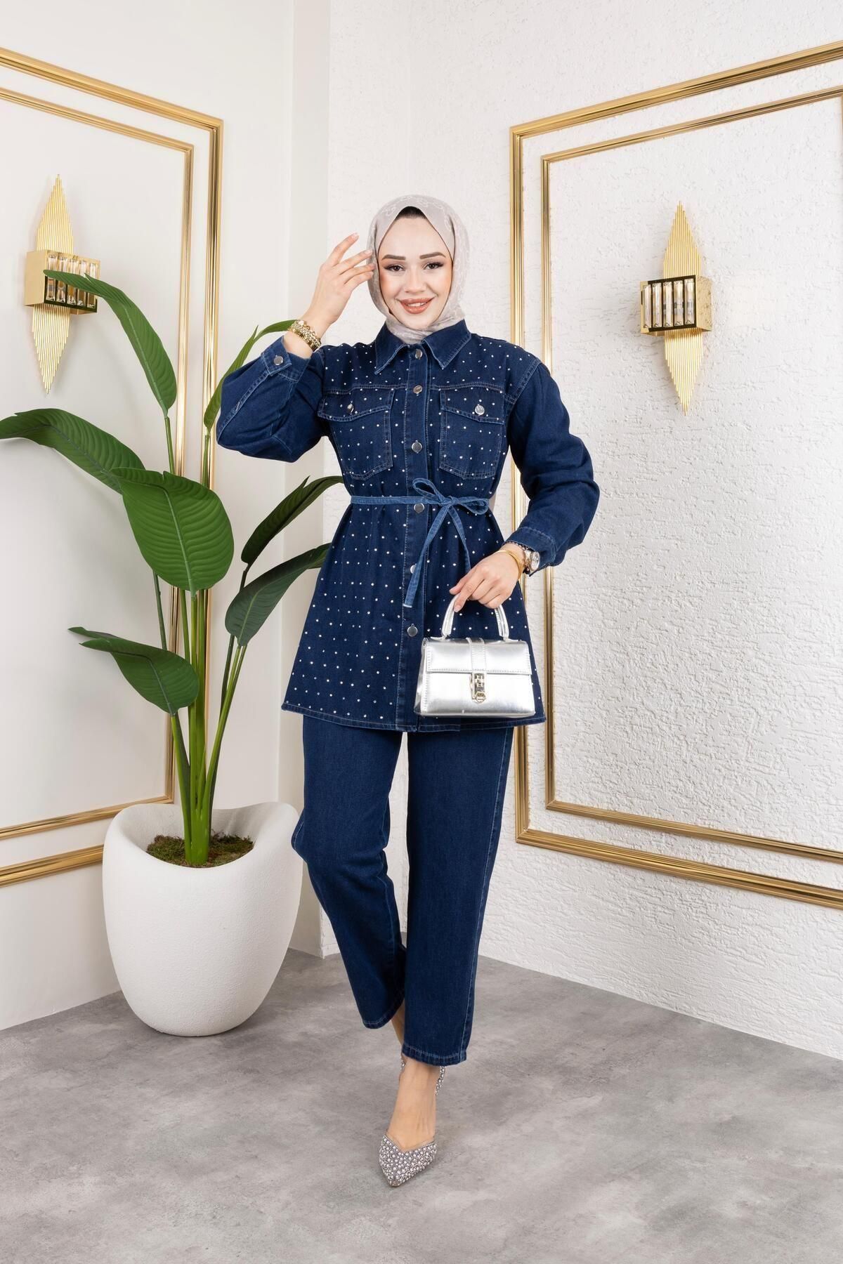 HARMAN BUTİK-Women's Pearl Stone Detail 2-Piece Denim Set 4