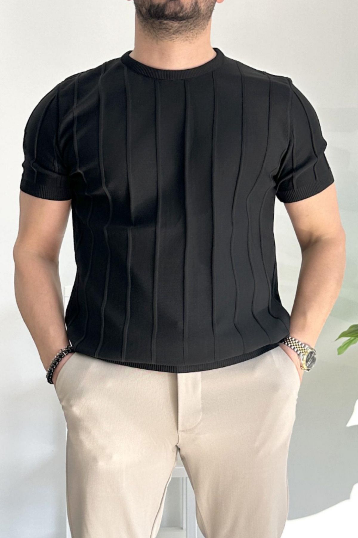 GAYIŞ Siyah Erkek Bisiklet Yaka Örme Triko T-shirt, Erkek Fitilli Tişört