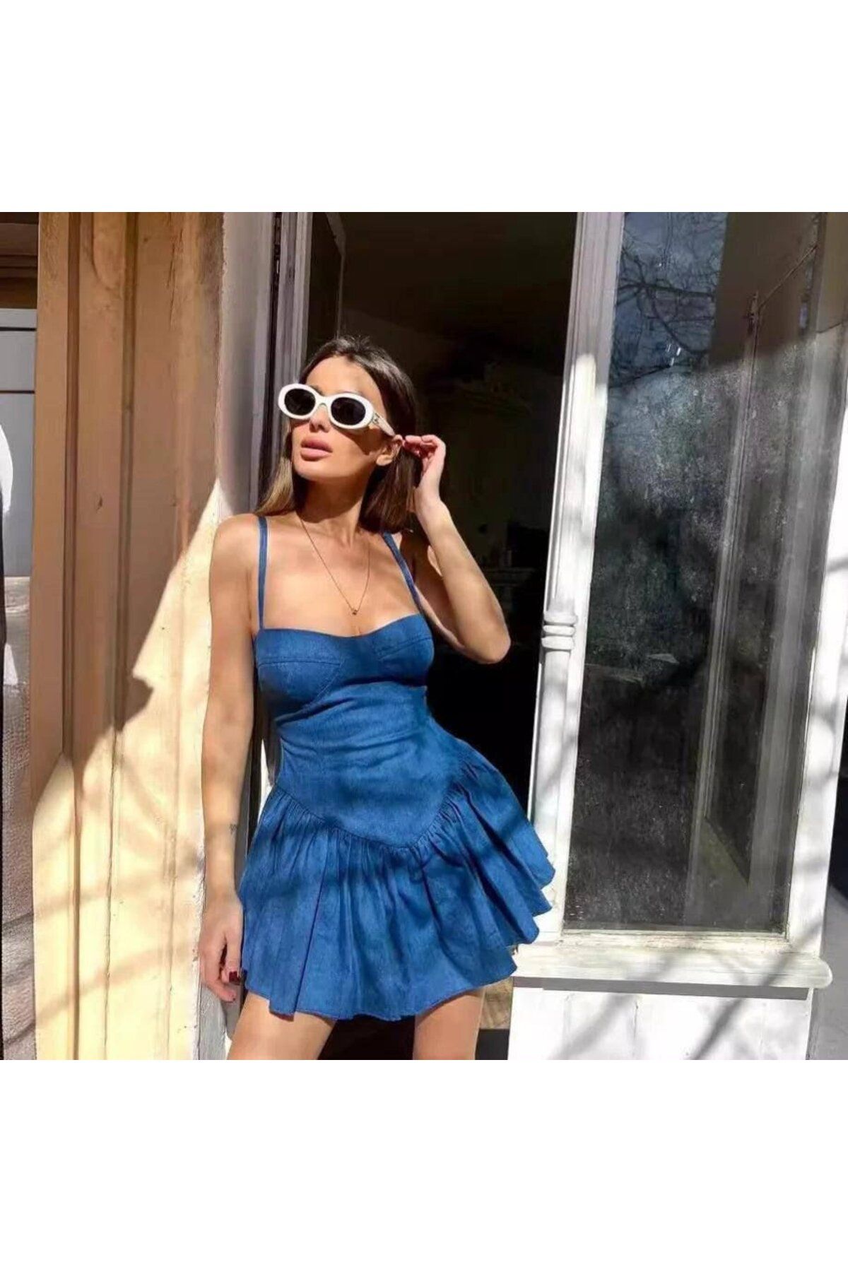 velmorafashion Kadın Kot Kumaş Göğüs Glop Detaylı Sırt Fermuarlı Mini Boy Elbise