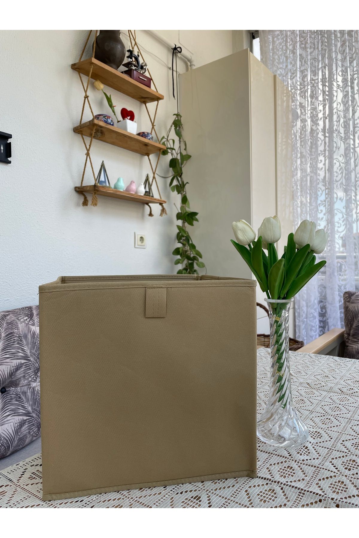 ON-ARS TEKSTİL Bej Kapaksız Dolap Içi Çamaşır Oyuncak Düzenleyici Katlanır Saklama Kutusu Organizer 30x30x30