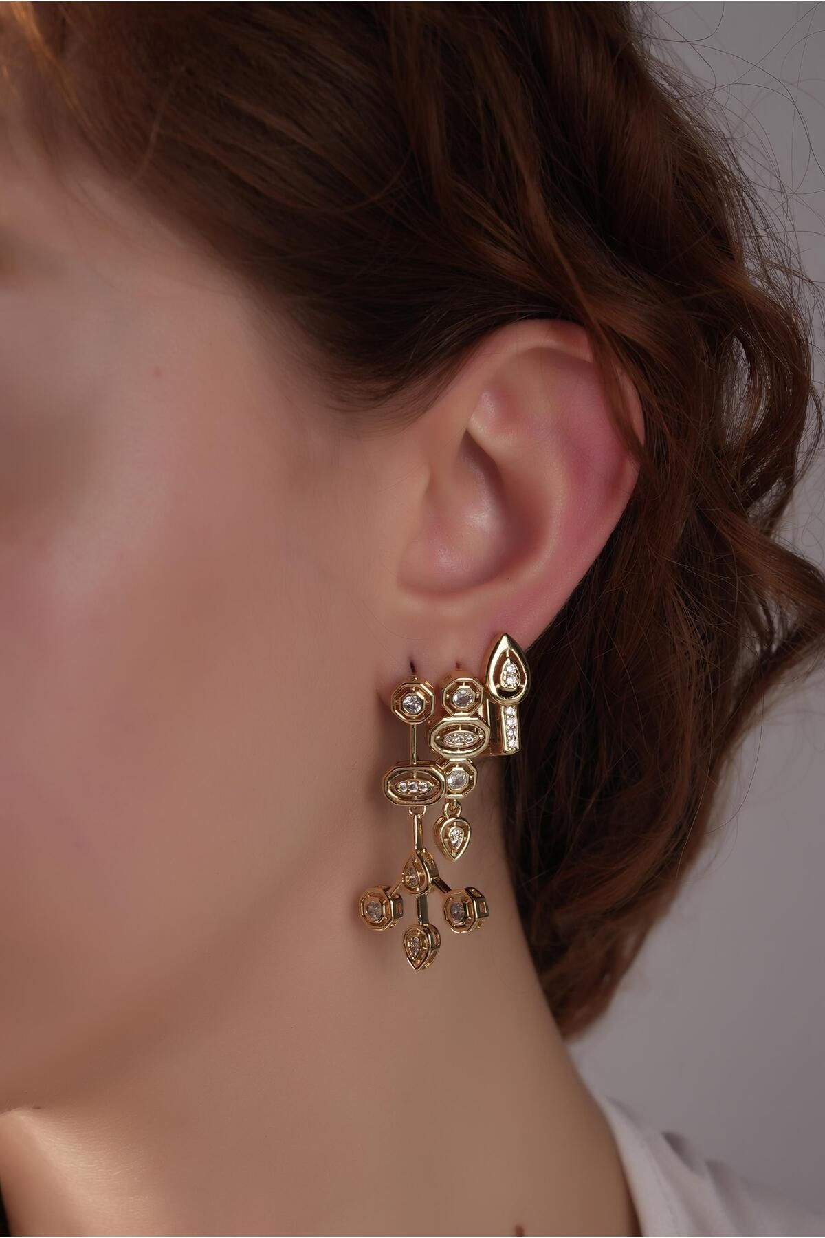 Çlk Accessories Premium 3'lü Taşlı Geometrik Sallatılı Küpe Kombin 35771