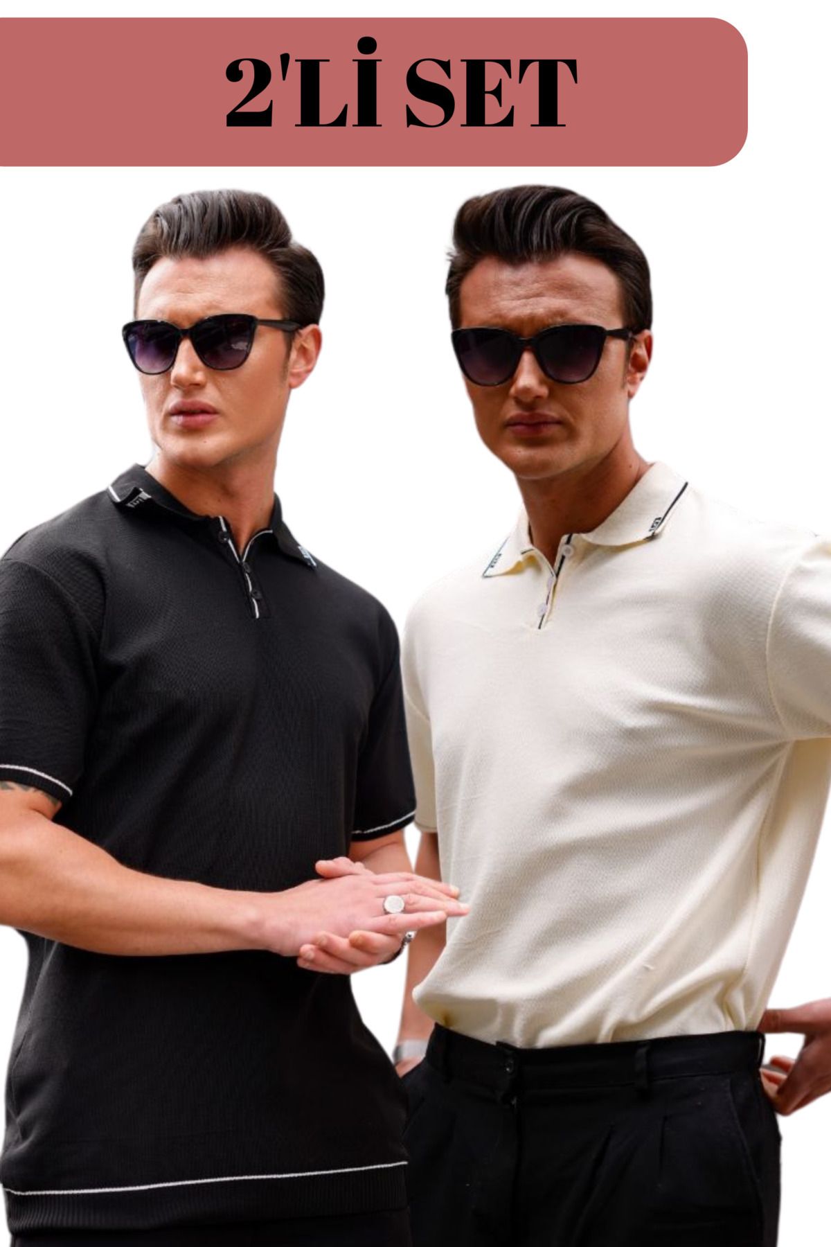 GAYIŞ 2'li Siyah-Bej Erkek Triko Örme Polo Yaka Şerit Detaylı T-Shirt, Erkek Siyah-Bej Tişört