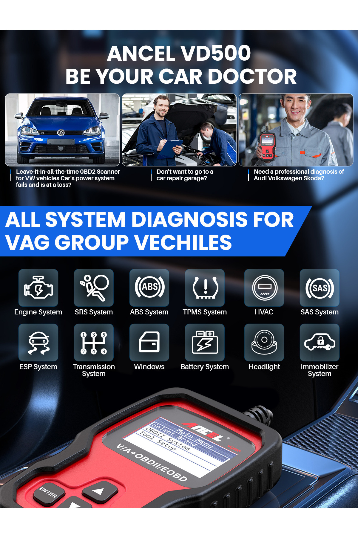ANCEL-Vd500 Vd500 Obd2 Scanner For Vw Car Code Reader Oil Reset Epb Dtc Tp Abs Srs Full System Diagn 8