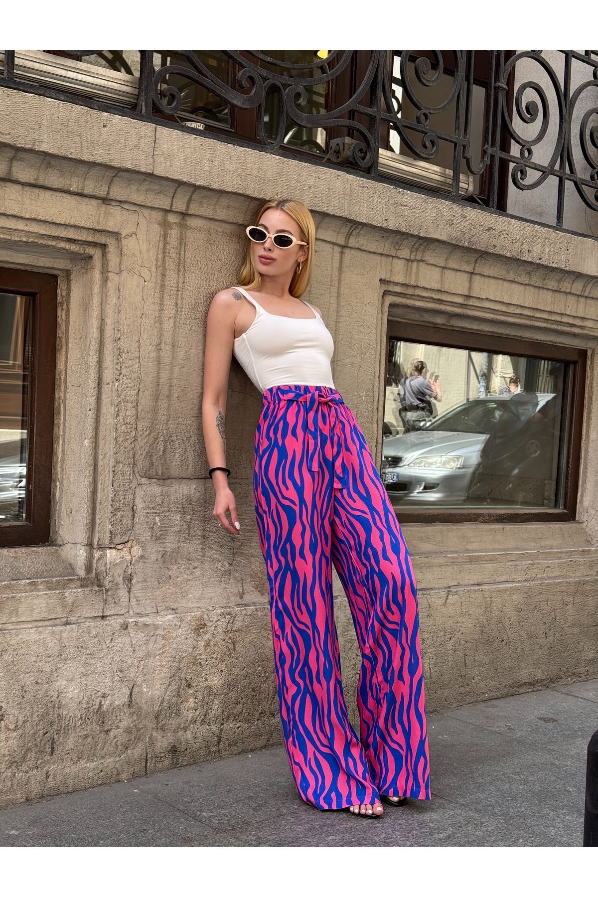 MAMAYAGA Kadın Yüksek Bel Kuşaklı Desenli %100 Viscose Pamuk Geniş Paça Şık Casual Büyük Beden Curve Pantolon
