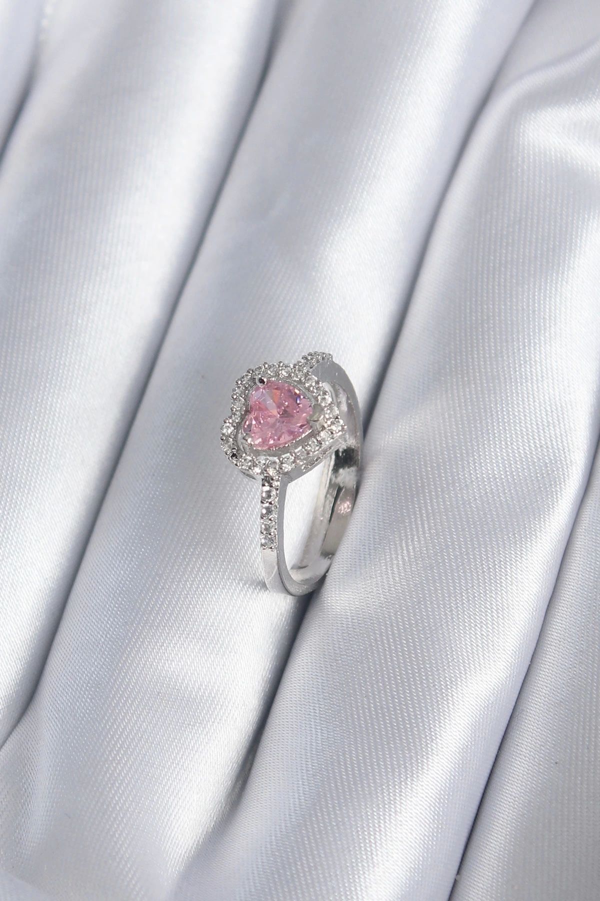 STOREMAX Pirinç Gümüş Renk Pembe Zirkon Taş Kalp Charm Model Kadın Yüzük - TJ-BYK2859