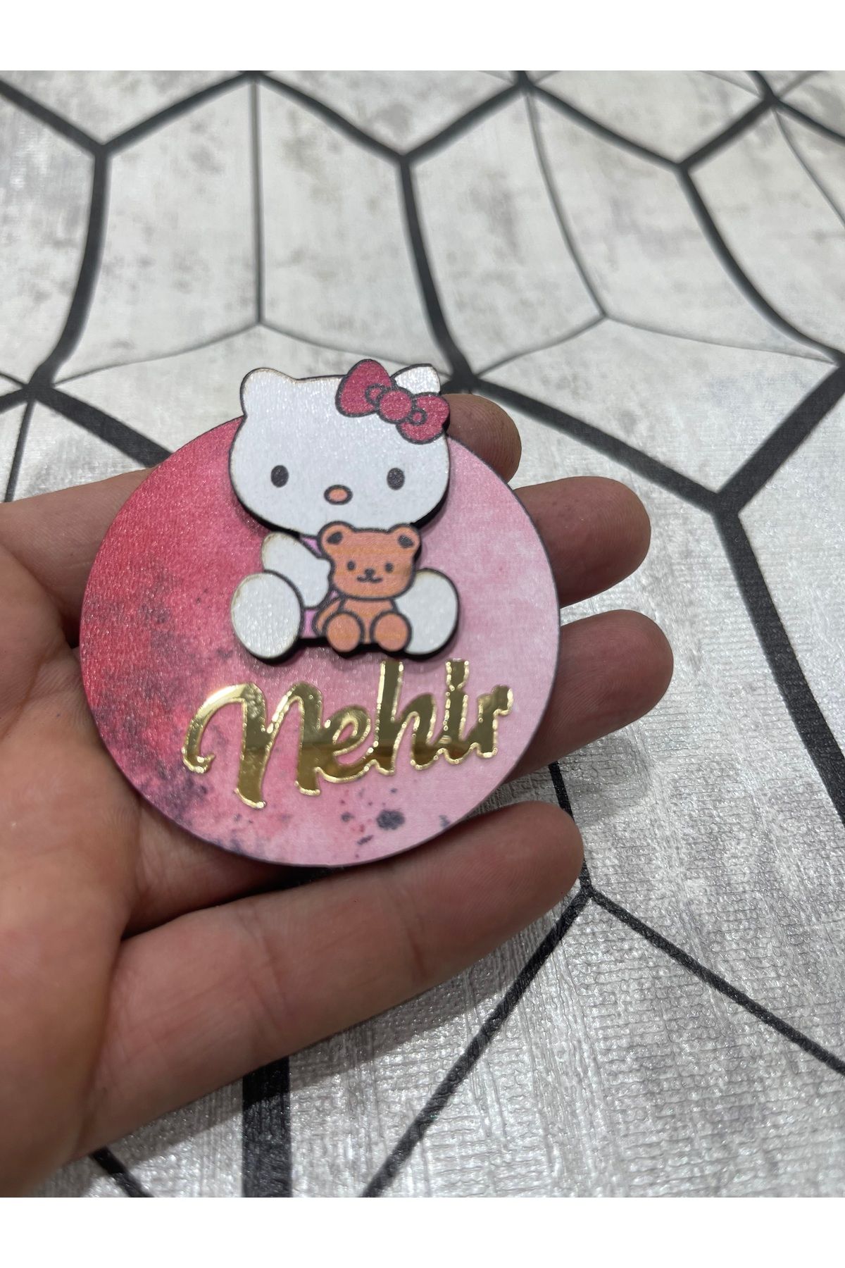 ELF REKLAM Pembe Ayıcık Figürlü Ahşap Baskılı Pleksi Yazılı Magnet 10 Adet