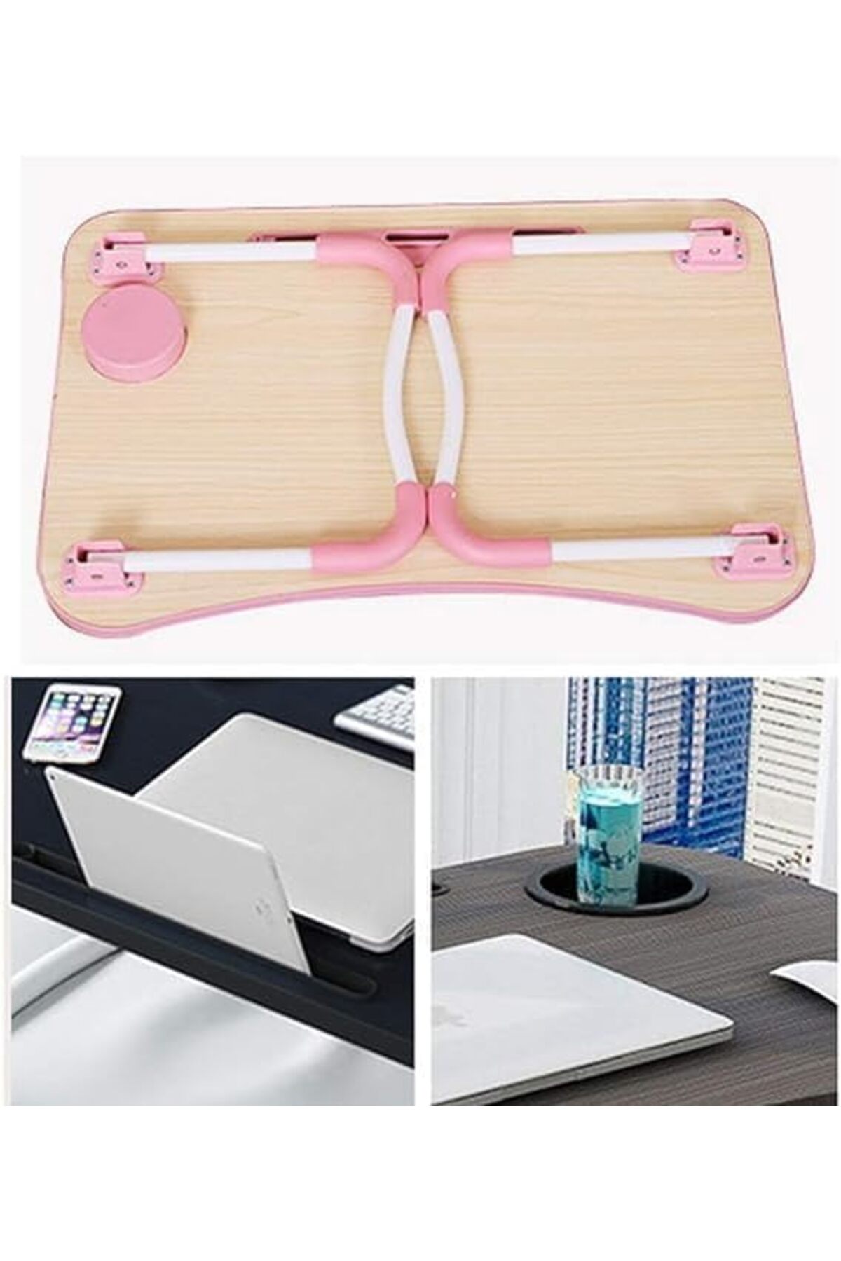 طاولة لابتوب للسرير محمولة قابلة للطي مع حامل أكواب للعمل وتناول الطعام والكتابة، لون زهري