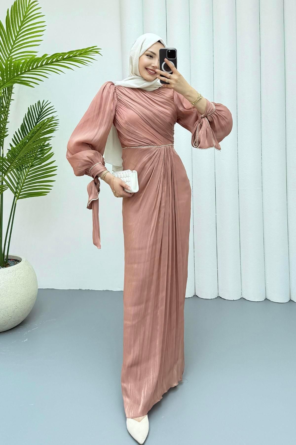 Modaensarbutik Taşla Süslenmiş Zarif Tesettür Abiye-PEMBE