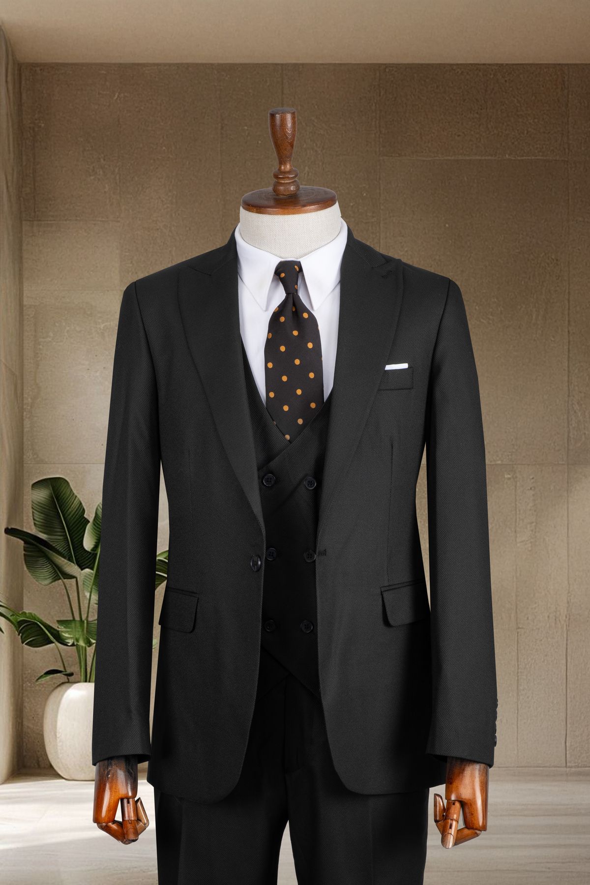 Sergio Ferraro Siyah Slim Fit İtalyan Stil Erkek Takım Elbise- Ceket Yelek Pantolon Takım