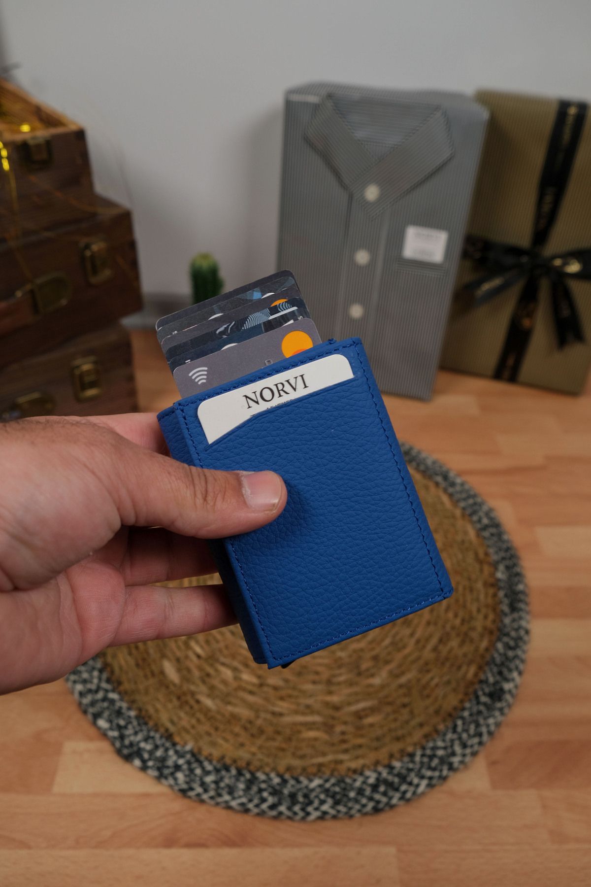Norvi Leather Mekanizmalı Otomatik Hakiki Deri Kartlık Kadın Mavi
