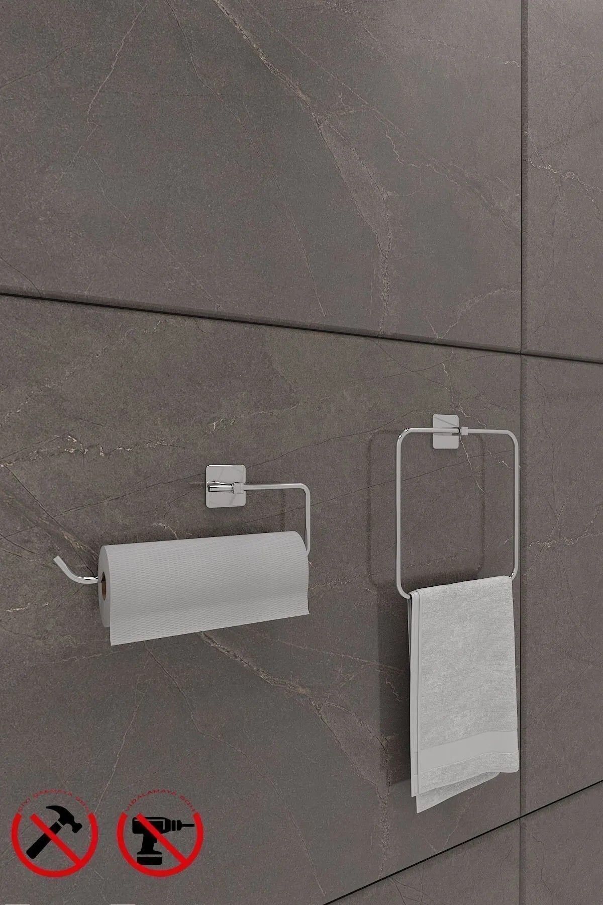 TncPatiShop Kare Krom 2'li Yapışkanlı Banyo Seti | Kare Havluluk Askısı Ve Solo Havluluk Askısı