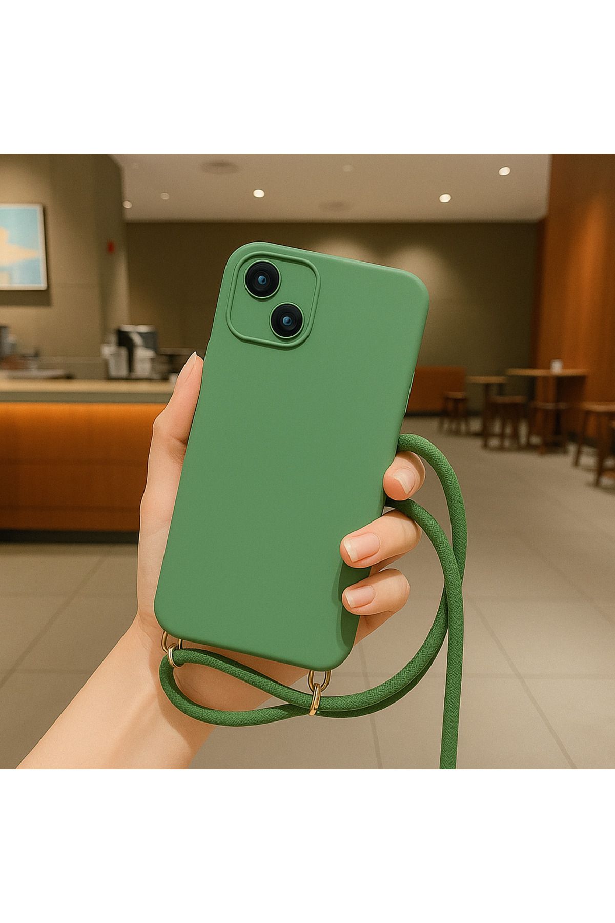 Coverzone iPhone 15 ile uyumlu İpli Boyun Askılı Silikon Kılıf Kadife iç Yüzeyli Epiphany Kılıf Yeşil