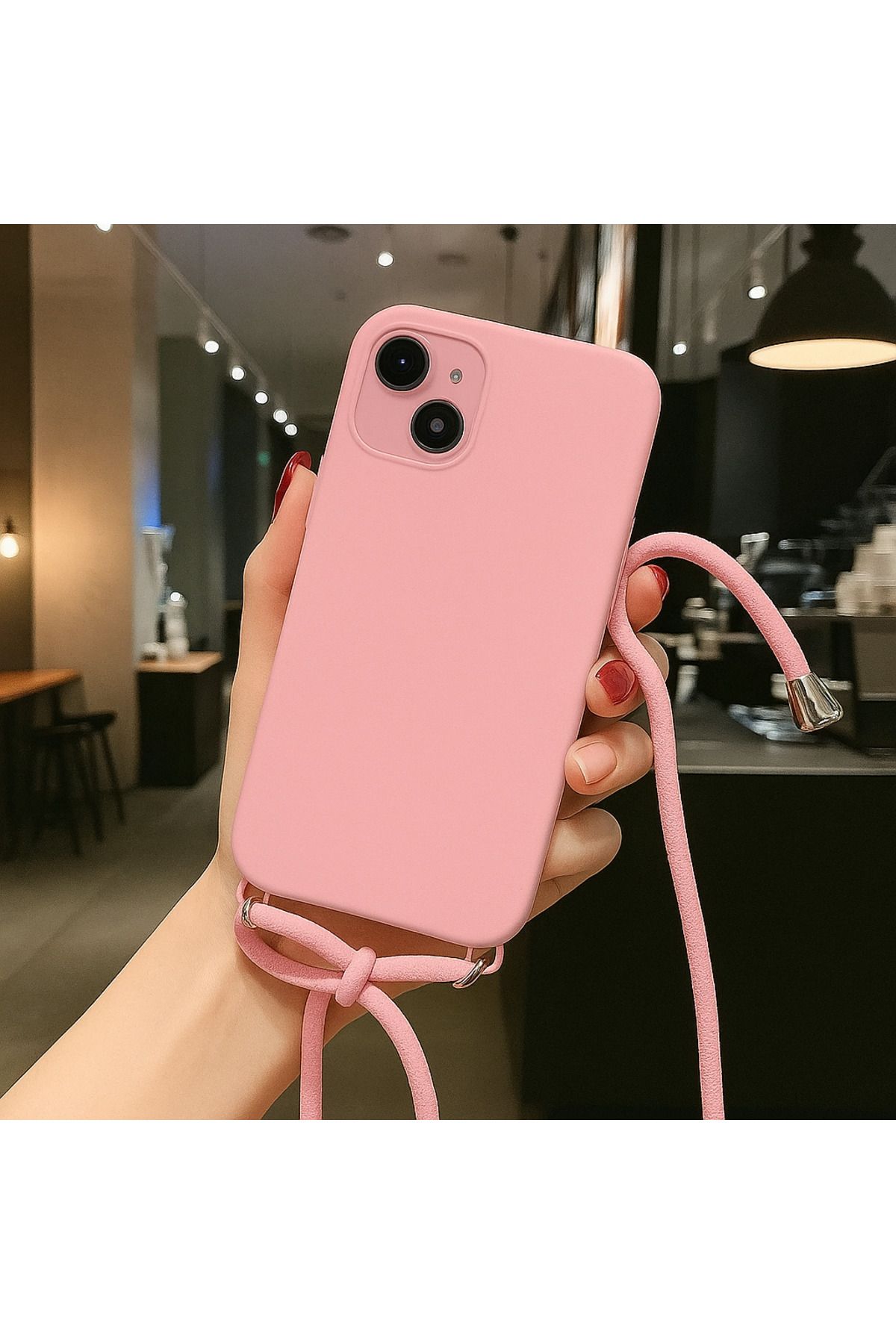 Coverzone iPhone 14 ile uyumlu İpli Boyun Askılı Silikon Kılıf Kadife iç Yüzeyli Epiphany Kılıf Pembe