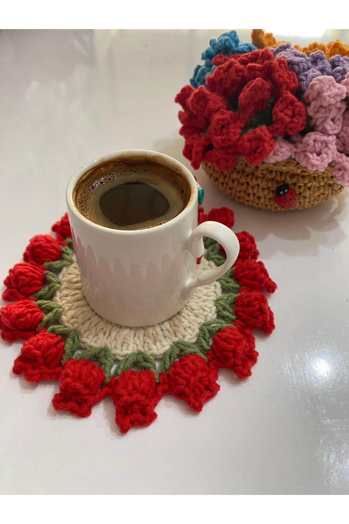 TrendYünEvi Örgü Fincan Sunum Altlığı (6 Adet +Sepet)