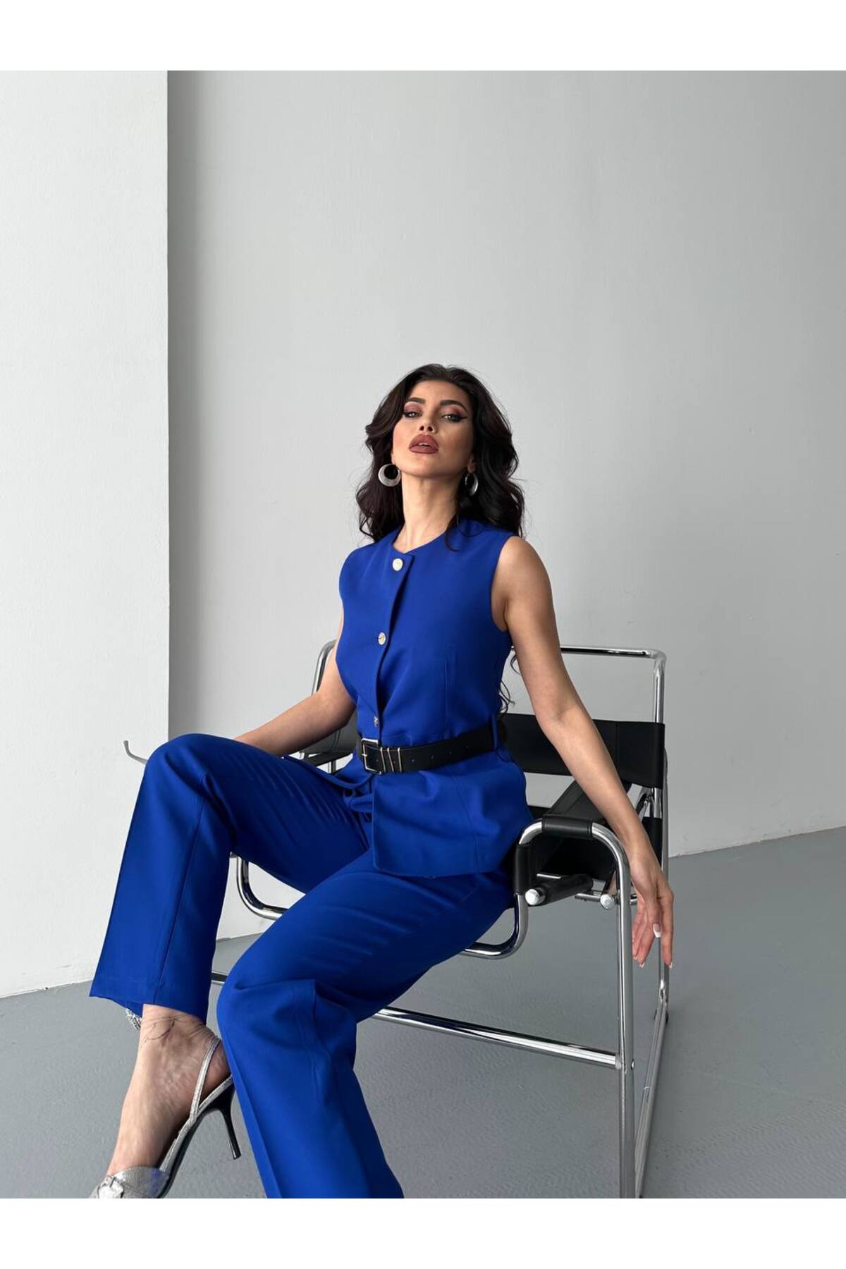 Ensemble veste et pantalon ceinturé femme SAX Double Crêpe Importé - Görsel 6