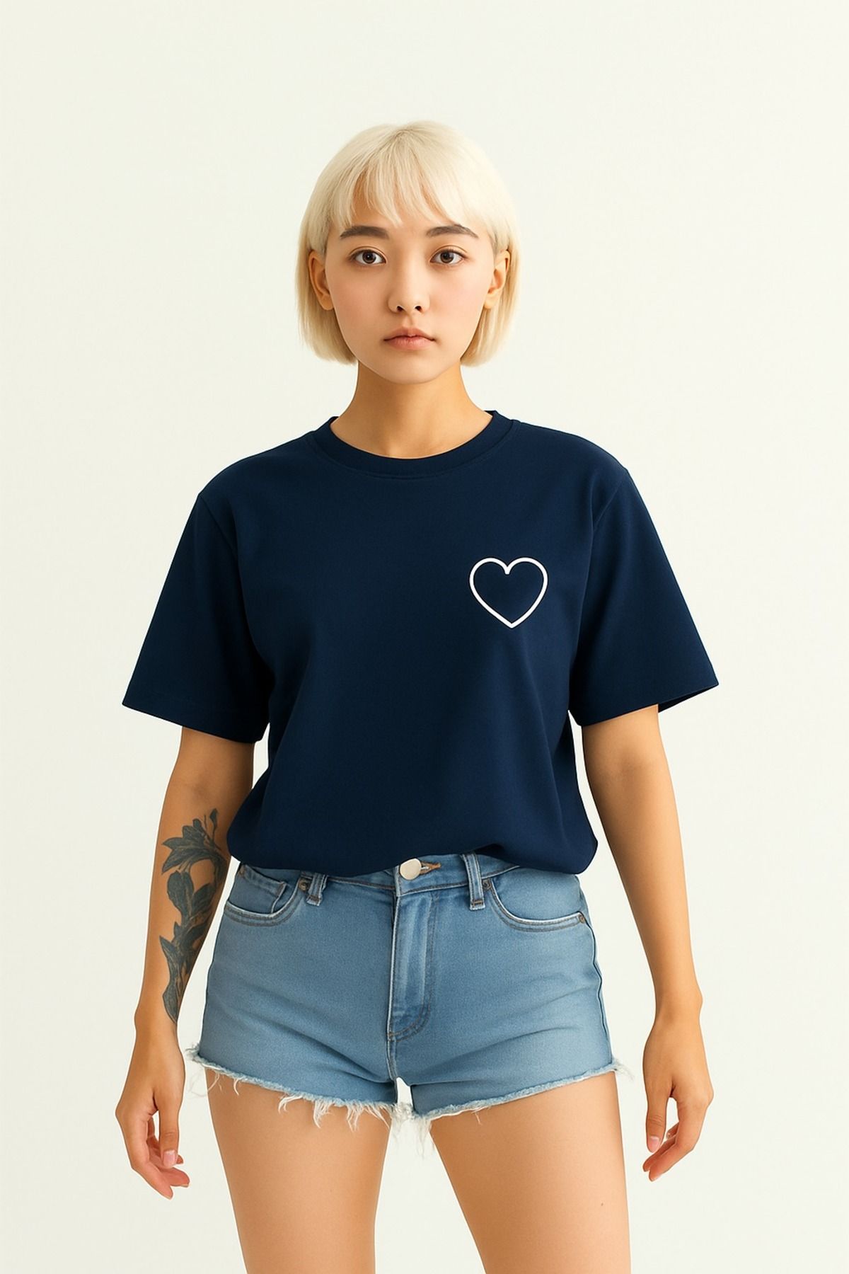puolikuu Oversize Kadın Tshirt renkli kalp baskılı tshrt tişört