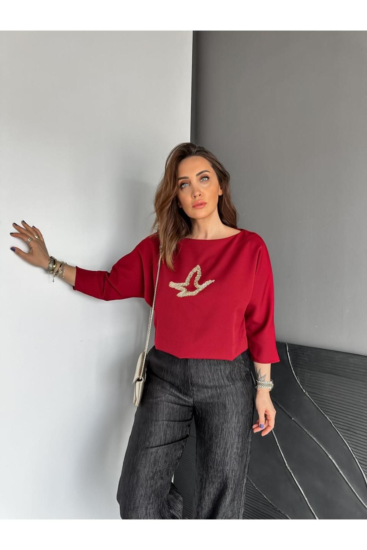 Zerrincan Giyim Bordo Kuş Figürlü Bluz