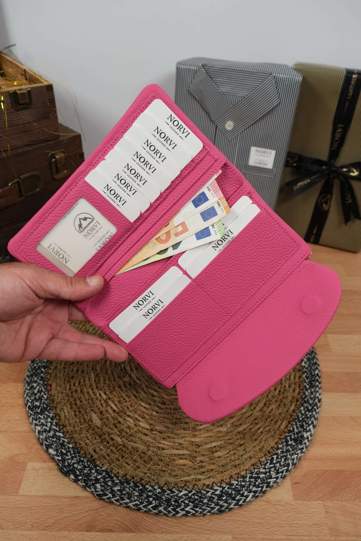 Norvi Leather Telefon Bölmeli Hakiki Deri Kadın Cüzdan Pembe